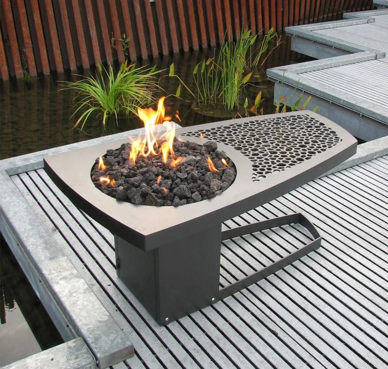 "Eeva" fire table. Laser cut steel with temperature resistant coating. 25"w x 47"l x 21"h. Propane fueled