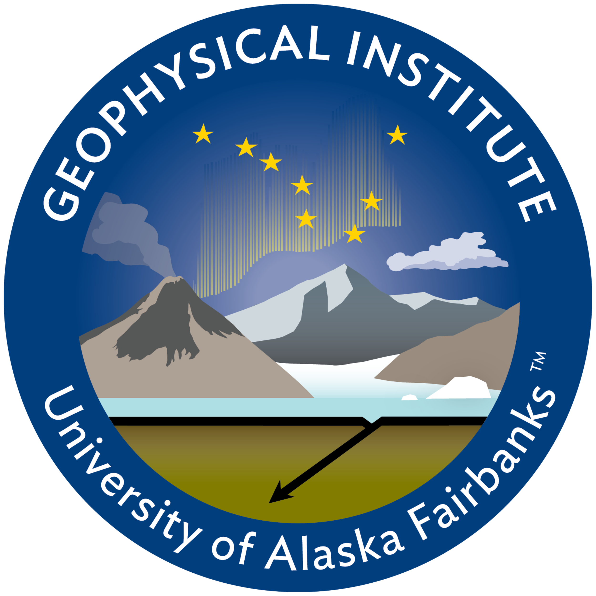 Seal of the University of Alaska Fairbanks featuring mountains, polar bears, and the northern lights with the words 'Geophysical Institute' and 'University of Alaska Fairbanks' around the edge.
