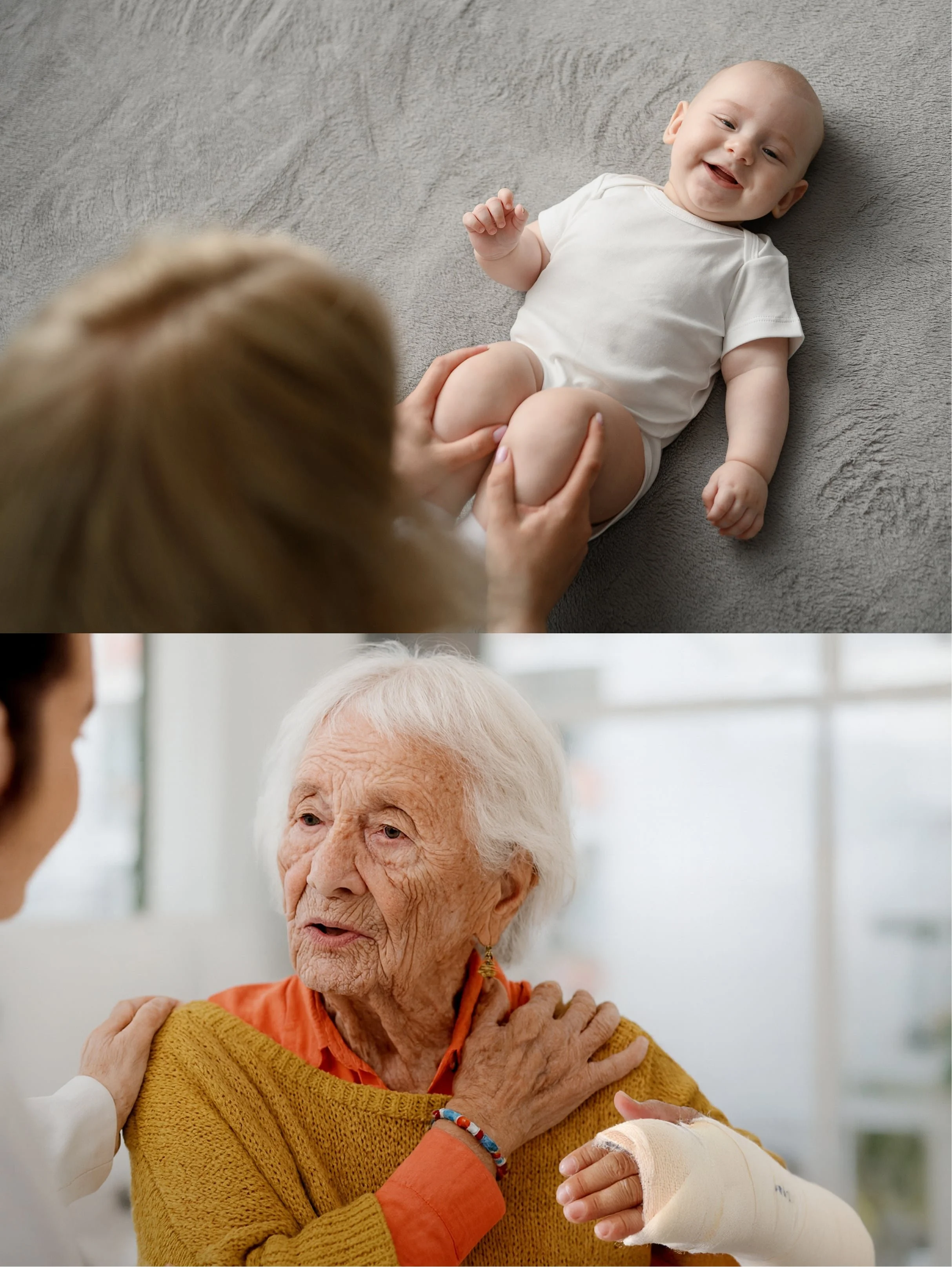 The top image shows a baby lying on a gray carpet, smiling and wearing a white onesie. The bottom image shows an older woman with white hair, wearing a yellow sweater, being comforted by a caregiver. The elderly woman appears to have a cast or bandage on one hand.