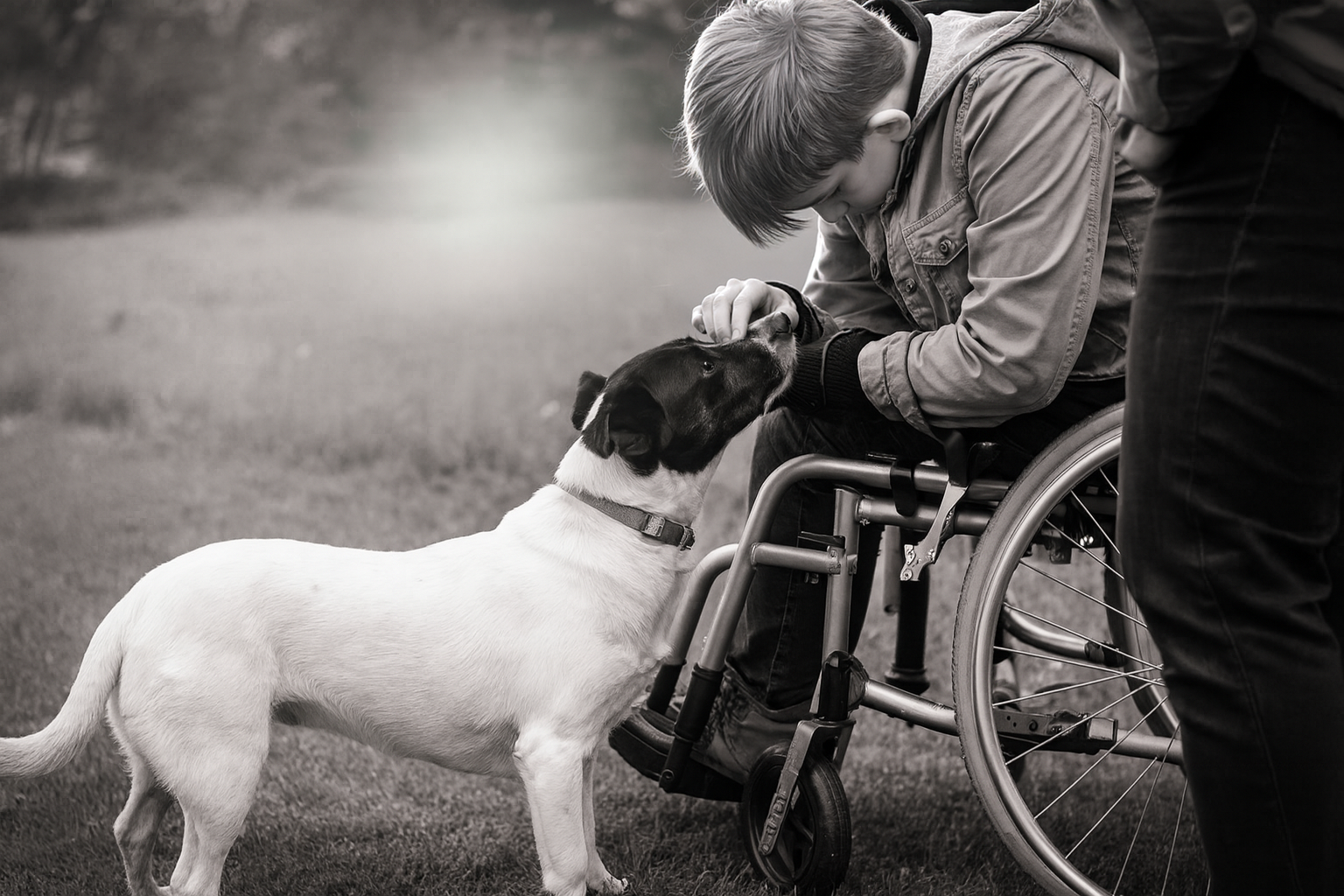 A young man in a wheelchair petting a dog outdoors, with another person standing nearby.