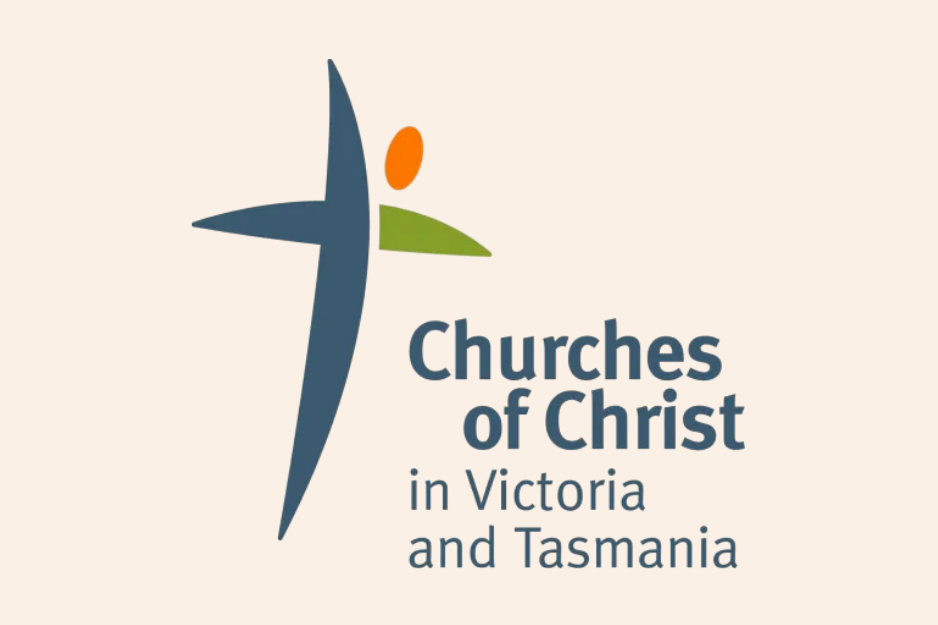 Logo for Churches of Christ in Victoria and Tasmania featuring a stylized cross and abstract human figure.