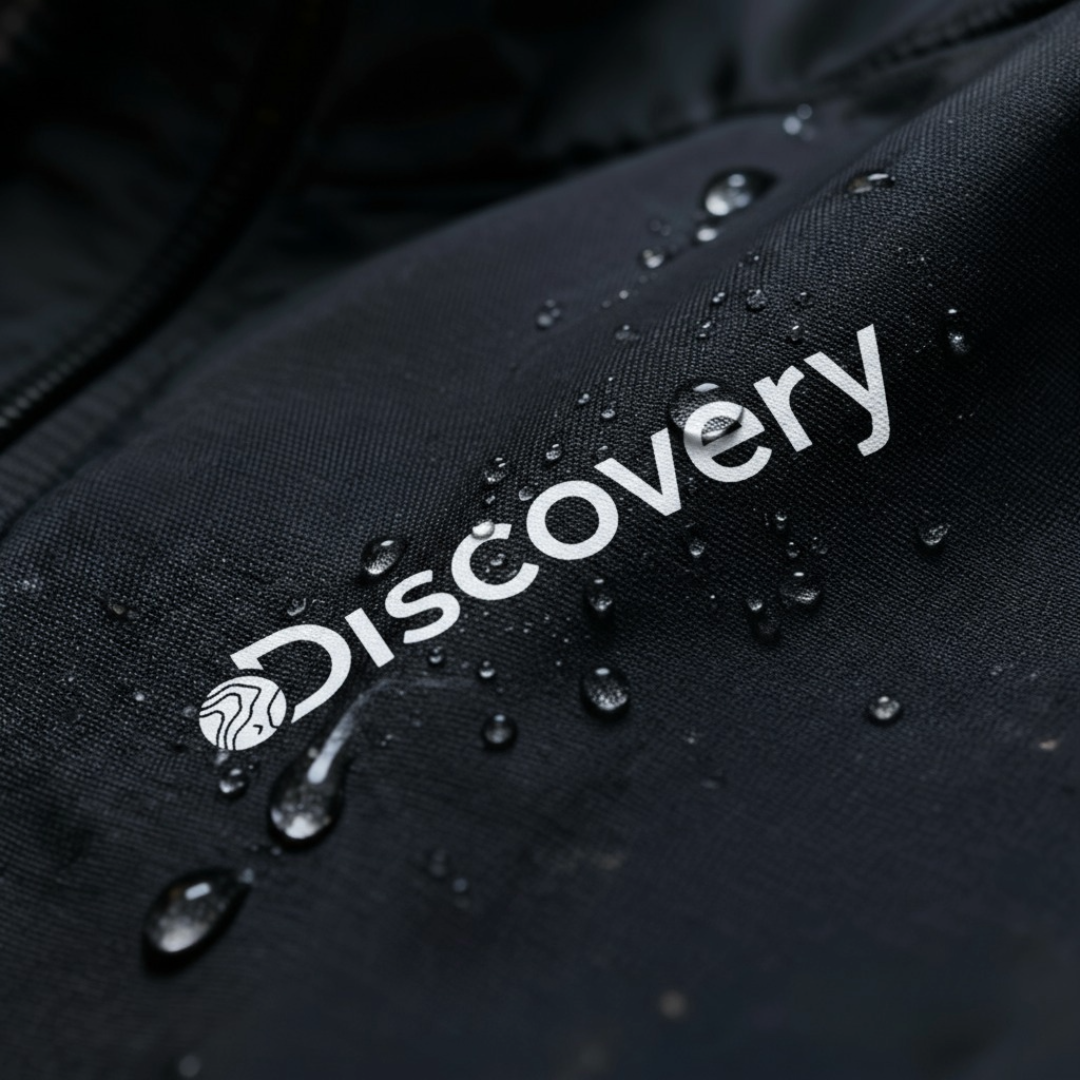 Cierre de una mochila negra con gotas de agua y la palabra 'Discovery' en blanco.