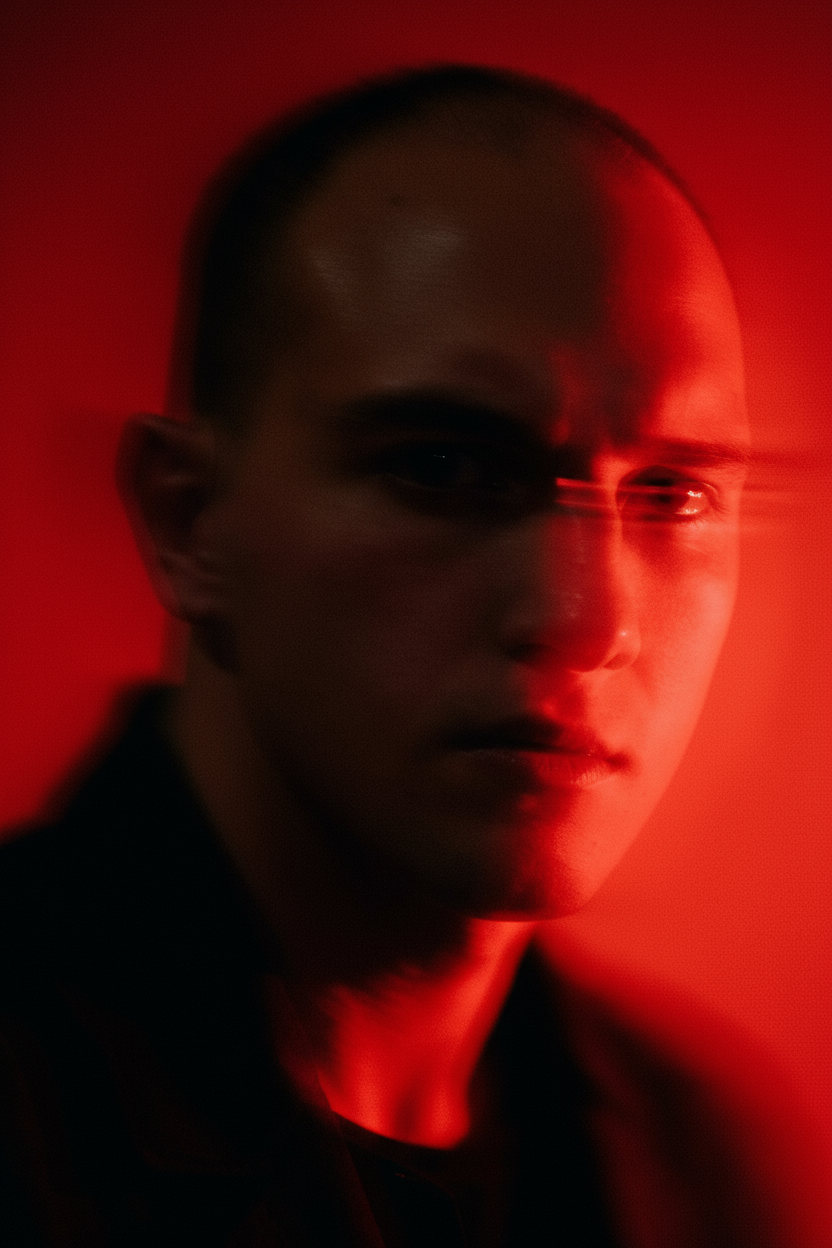 Retrato de una persona con piel clara, cabello corto, en un entorno con iluminación roja.