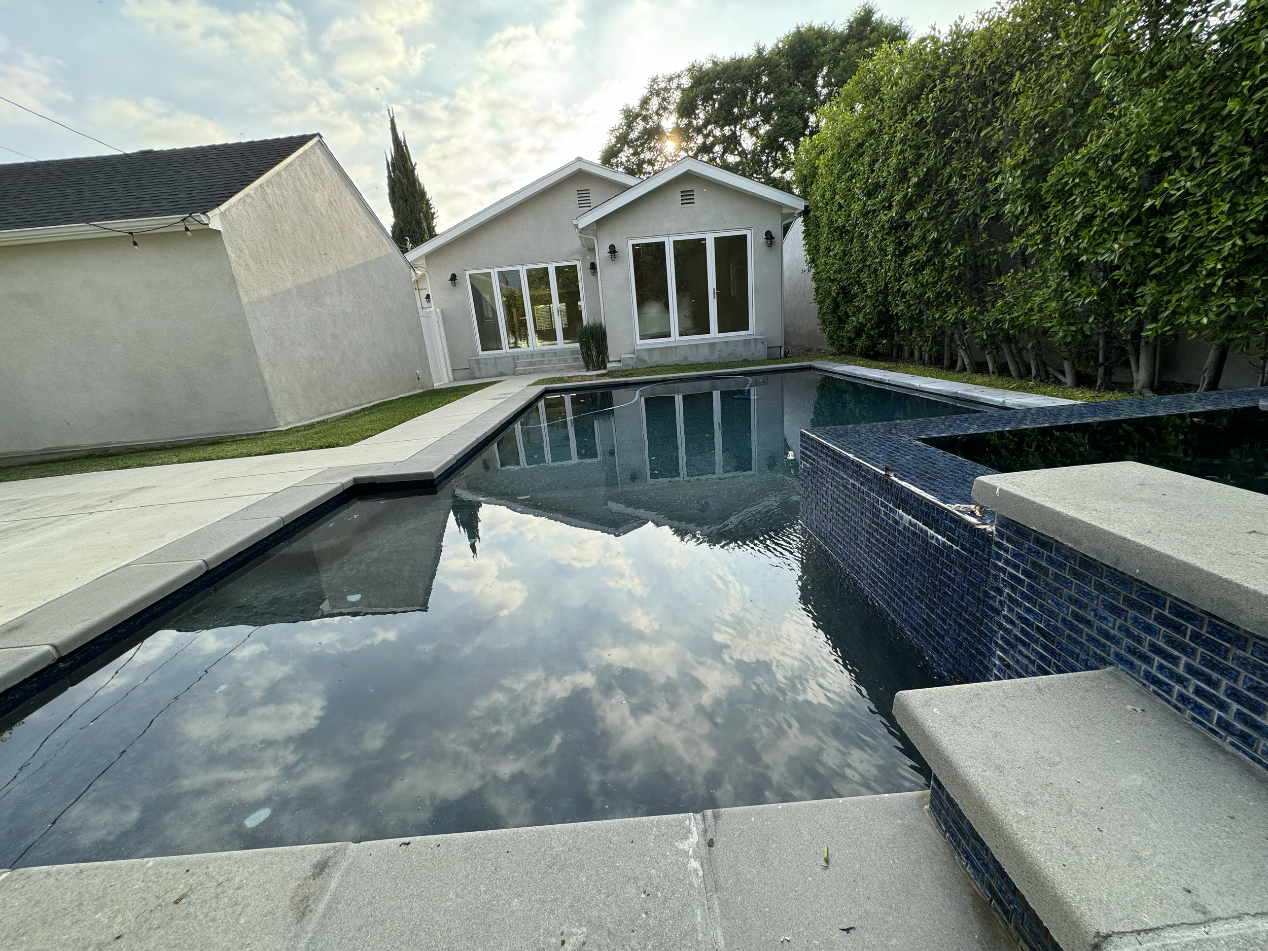 Backyard with a rectangular swimming pool next to a modern house and a hedge fence, with trees and a cloudy sky in the background.