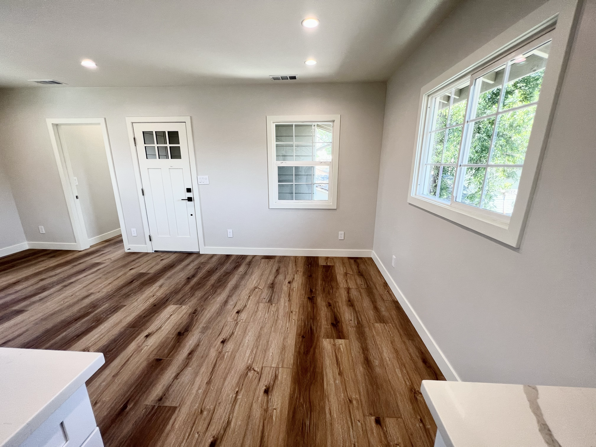 Empty living room with hardwood floor, white walls, four windows, and a white front door.