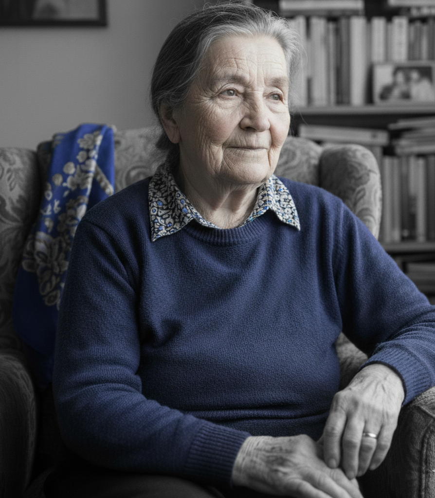 A senior woman sitting on a patterned armchair in a cozy room, wearing a blue sweater and floral shirt, with a calm expression and a bookshelf in the background.