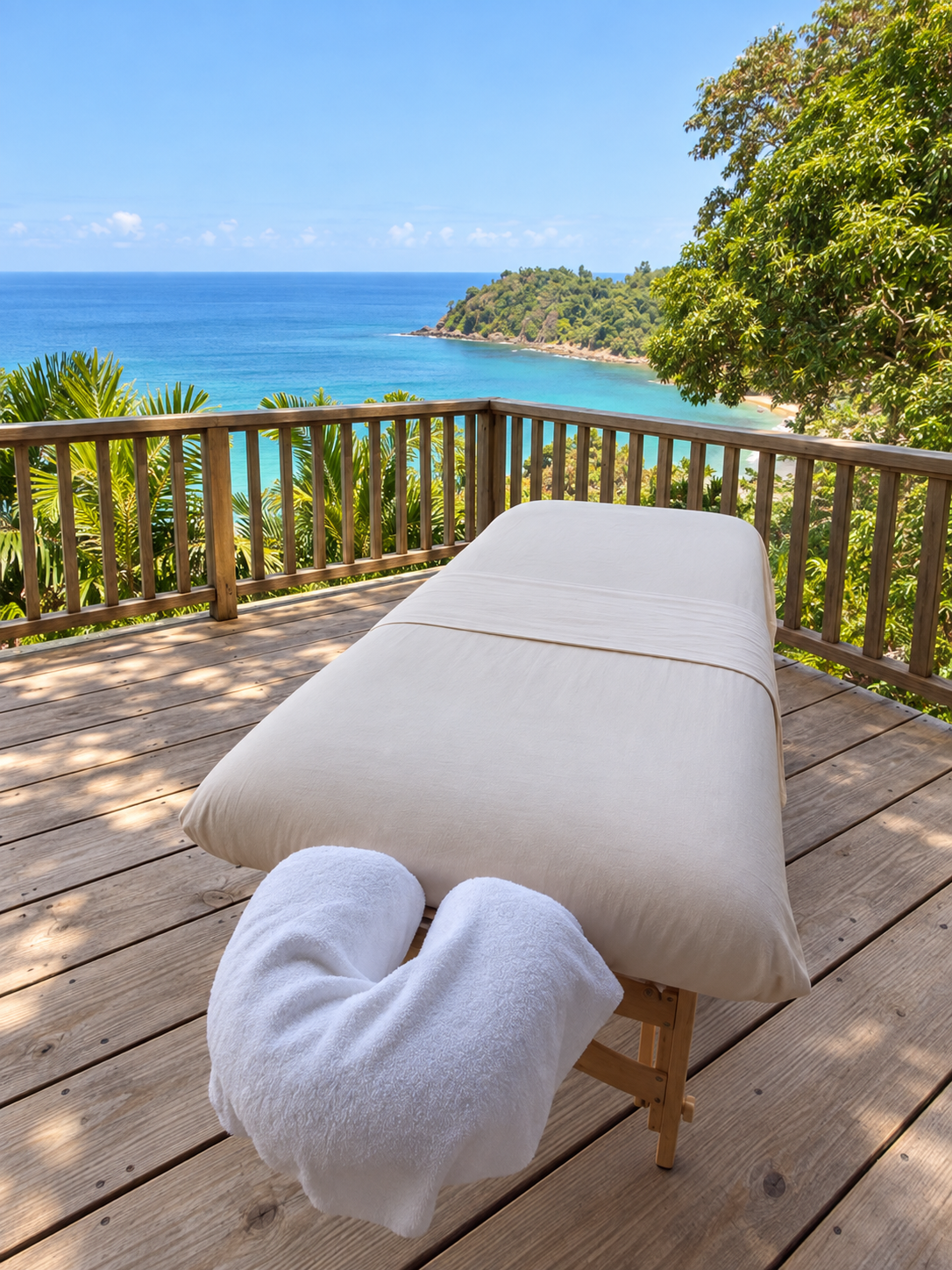 Massage table prepared with cream linens and rolled towels on an outdoor wooden deck.