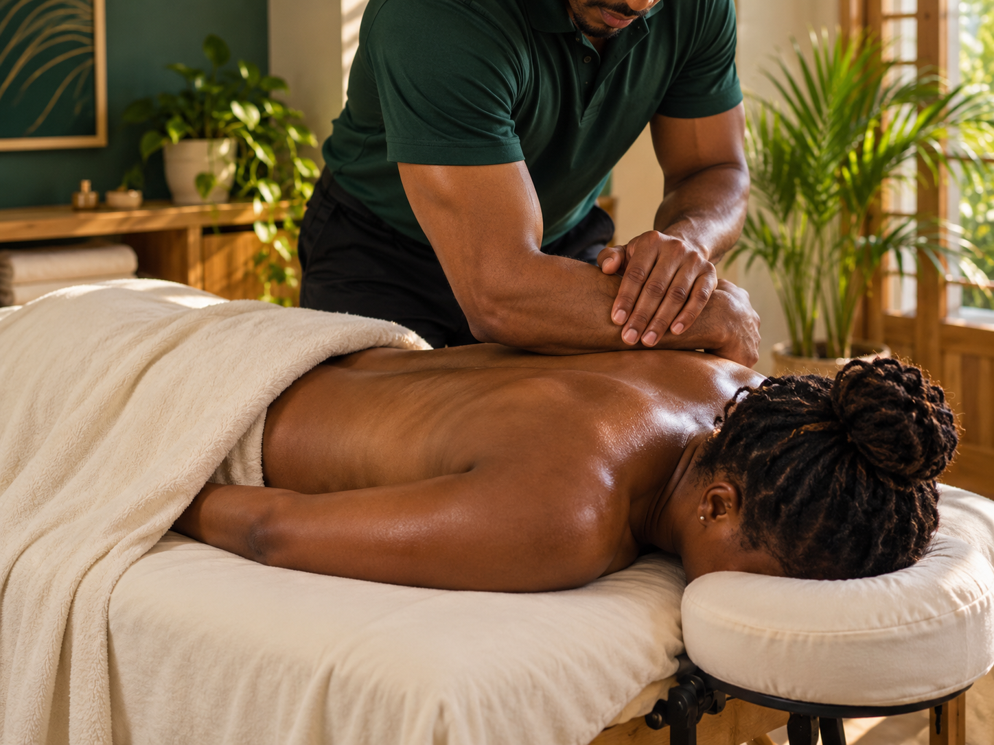 Massage therapist applying focused pressure during a deep tissue massage.