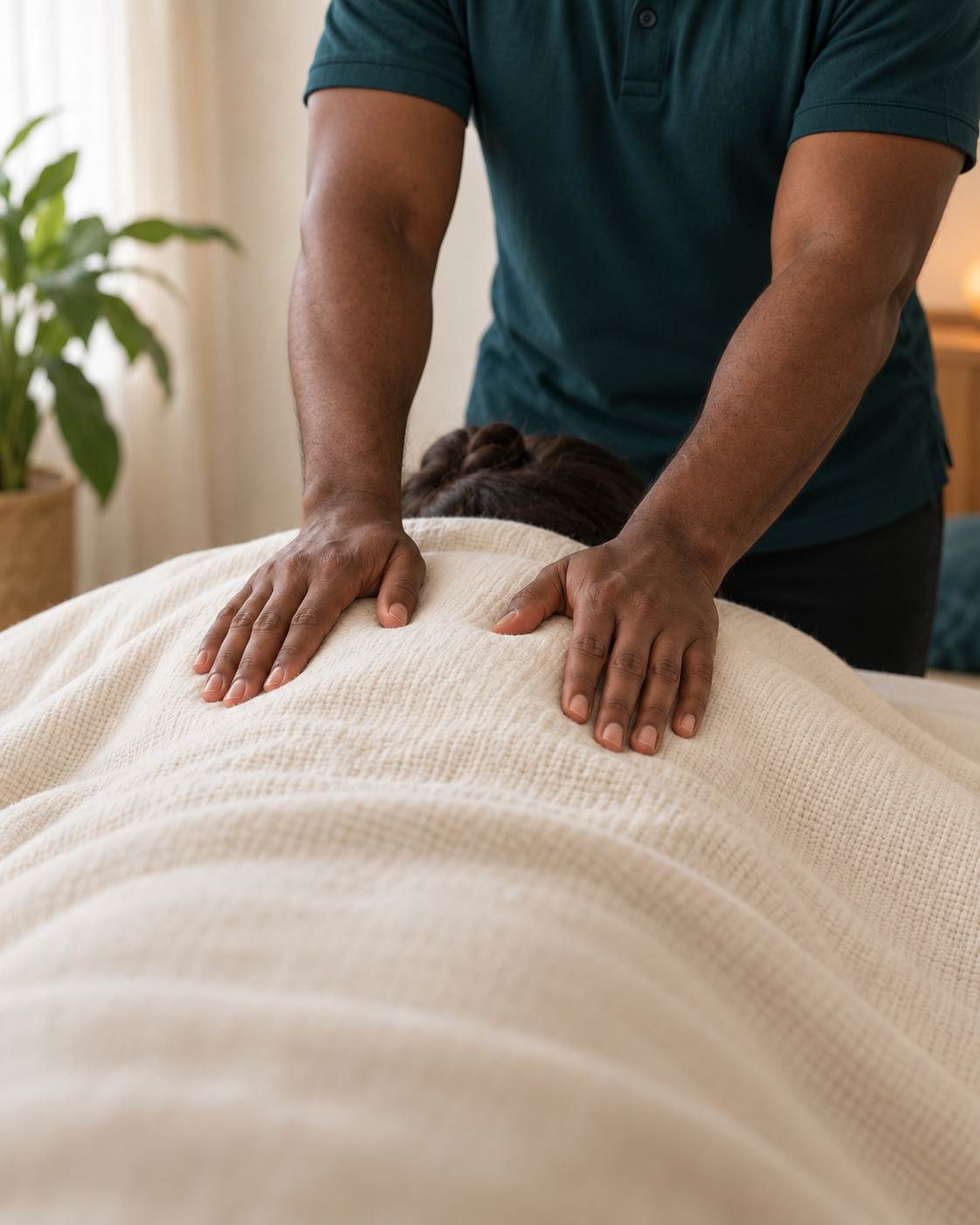 Massage therapist applying gentle pressure during a bodywork session.