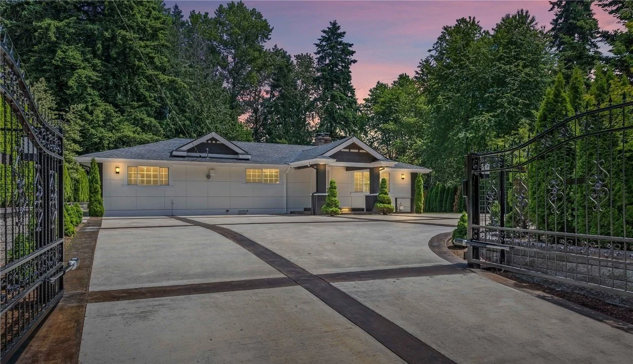 Modern house with paved driveway and iron gate surrounded by trees at dusk.