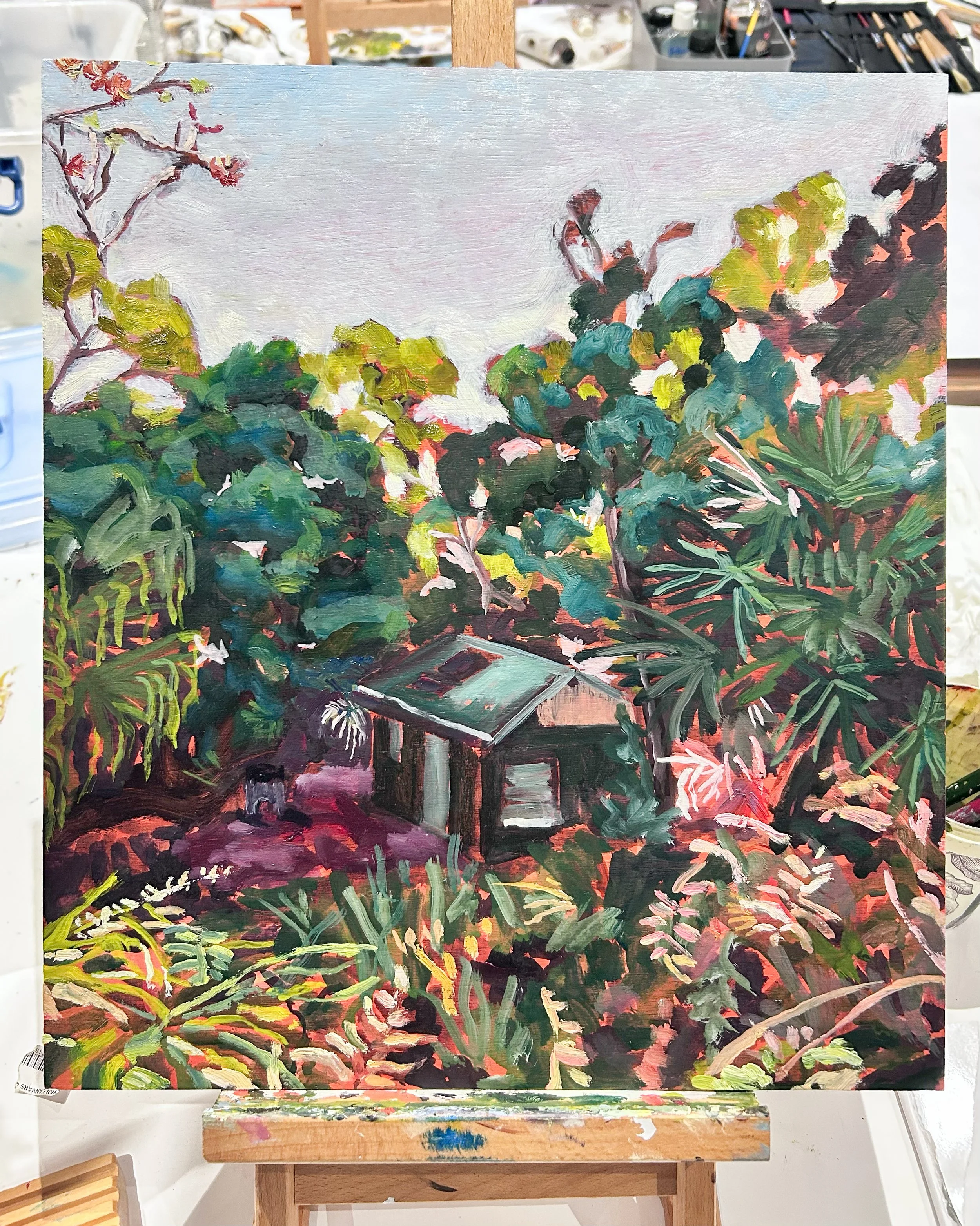 Artist: Kristen Tall | Title: Burning Palms Cabin | Medium: Oils on Board | Size (W x H): 35 x 40 cm