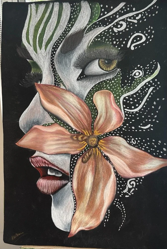 Artist: Tracy Wilkinson | Title: Flower Lady | Medium: Prisma Colour and Oil Pastels | Size (W x H): 63 x 87 cm
