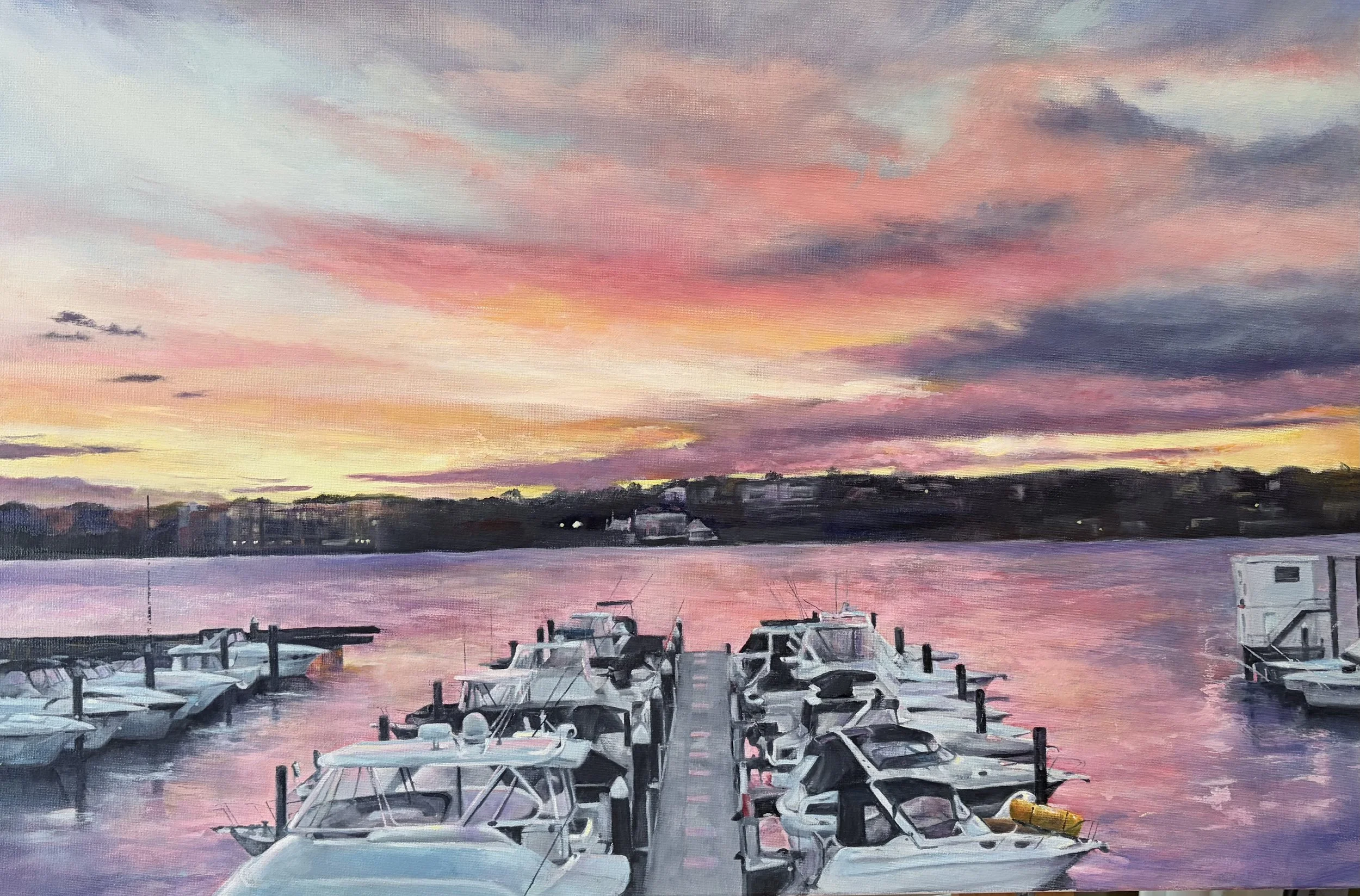 Artist: Jan Schuster-Callus | Title: Sunset at the Marina | Medium: Oil | Size (W x H): 76 x 50 cm
