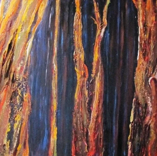 Artist: Kerry Candarakis | Title: Can't See The Wood for the Trees | Medium: Acrylic, Bark & Bitumen on Canvas | Size (W x H): 82 x 81.5 cm