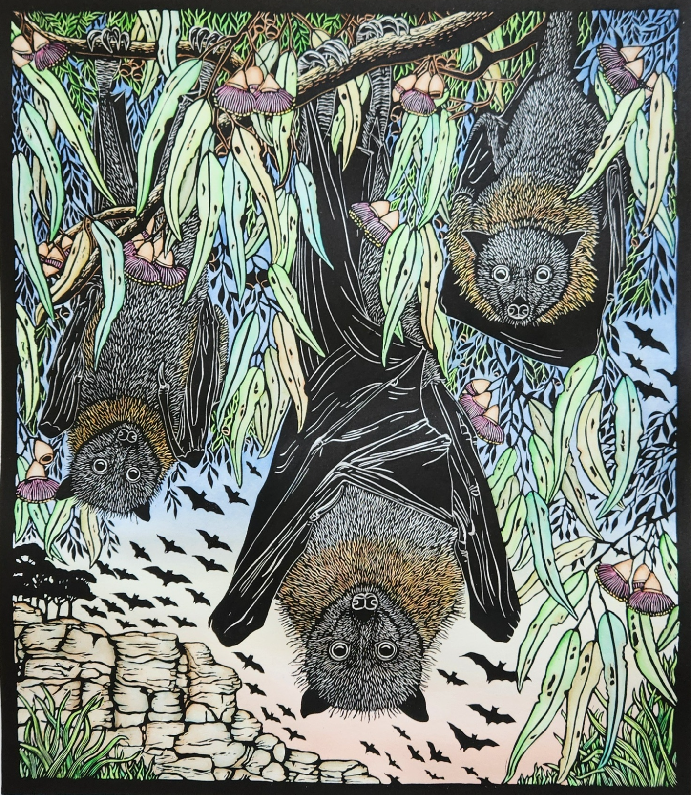 Artist: Catherine Garbutt | Title: Grey Headed Flying Foxes | Medium: Hand Coloured Lino Print | Size (W x H): 58 x 65 cm