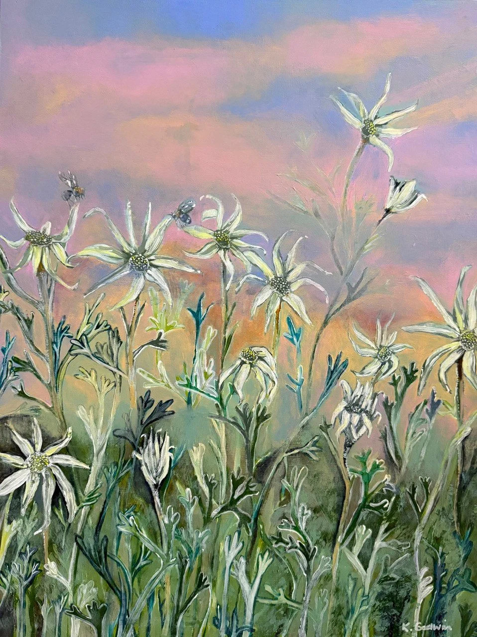 Artist: Kirsty Godwin | Title: Whispers of Flannel Bloom | Medium: Acrylic on Timber Panel | Size (W x H): 46 x 61.5 cm