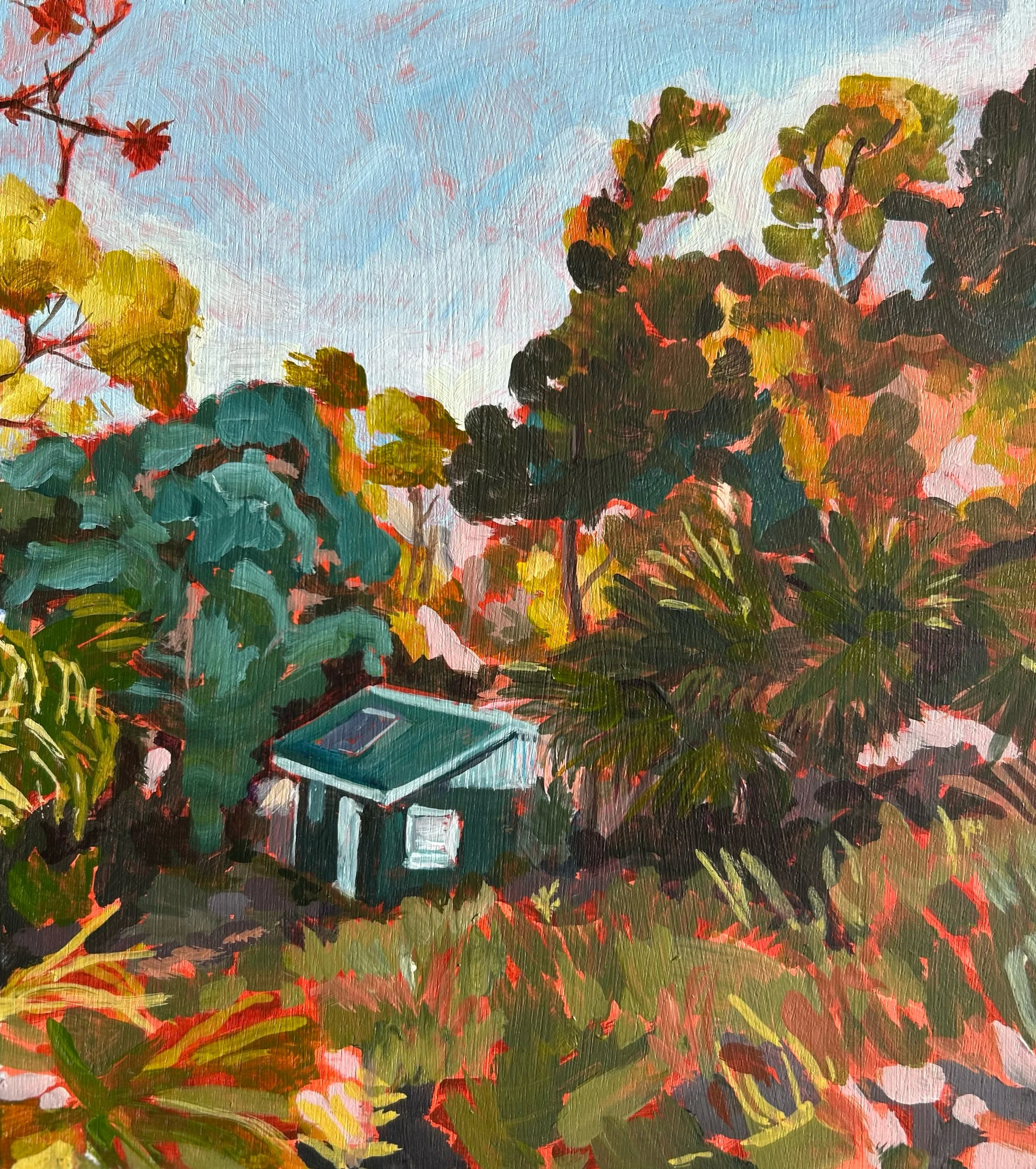 Artist: Kristen Tall | Title: Burning Palms Cabin Study | Medium: Acrylics on Board | Size (W x H): 18.5 x 20.5 cm