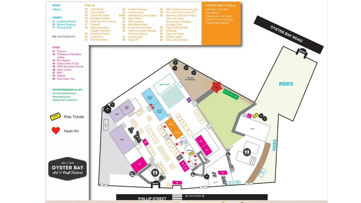 Map of the Oyster Bay Art & Craft Festival with various zones labeled, including rides, game areas, food stalls, craft booths, and entertainment spaces. Key features include ride tickets, heart art, and champagne alley, with entrances, exits, and parking marked.