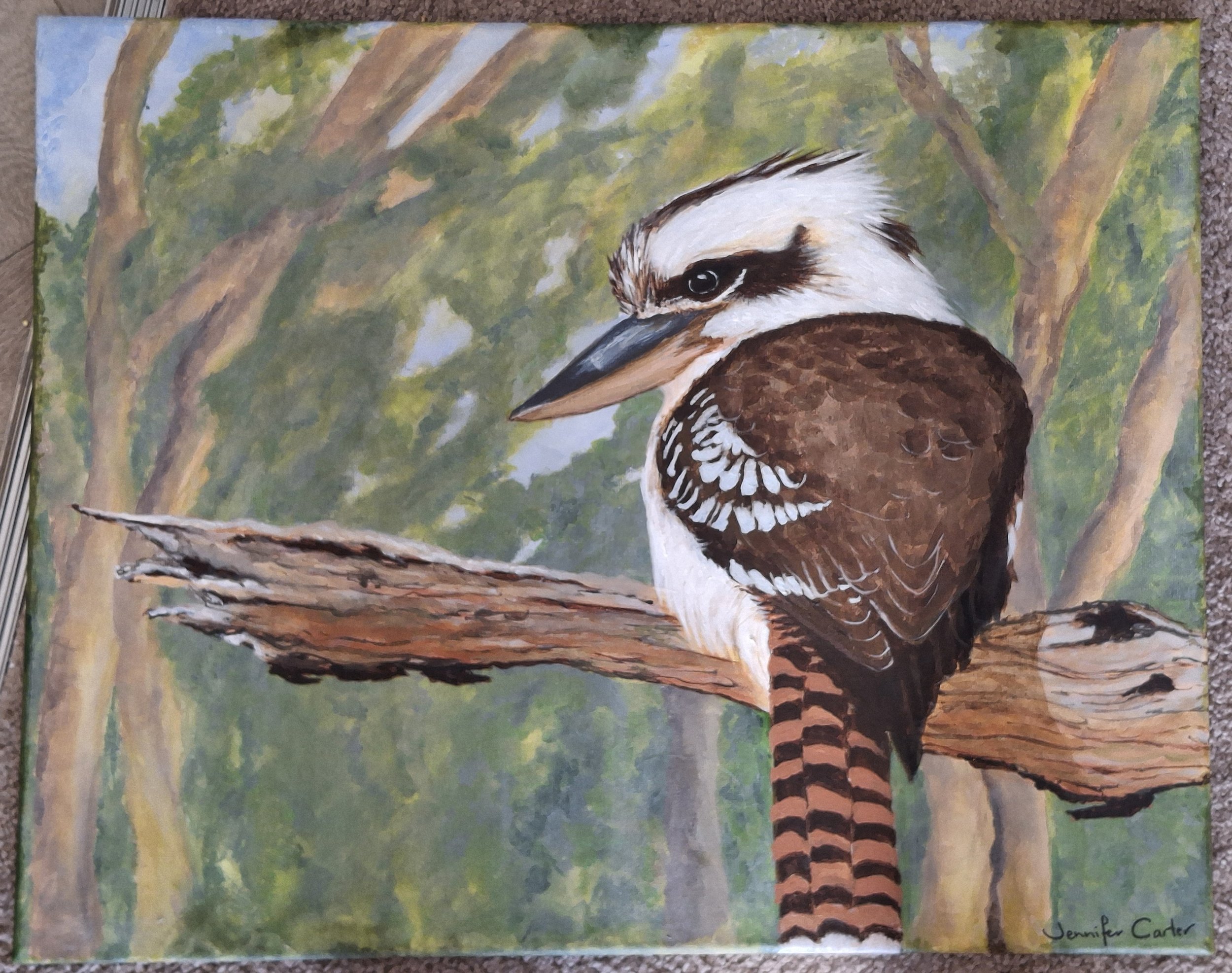 Artist: Jennifer Carter | Title: Kookaburra Waiting | Medium: Acrylic paint | Size (W x H): 51 x 40 cm