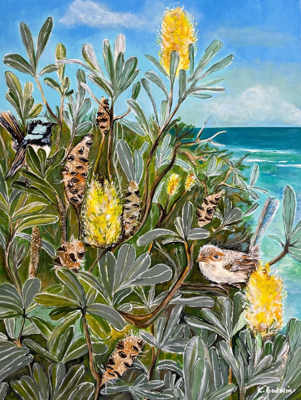 Artist: Kirsty Godwin | Title: The Blackwoods Glow | Medium: Acrylic on Timber Panel | Size (W x H): 61.5 x 46 cm