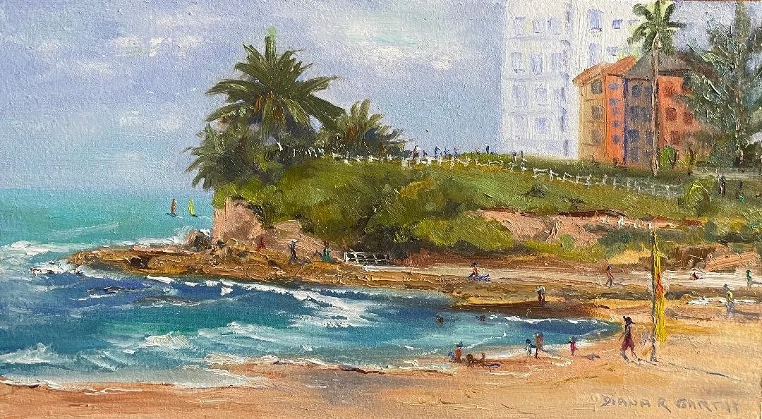 Artist: Diana Garth | Title: A Day at Cronulla | Medium: Oil | Size (W x H): 29 x 18 cm