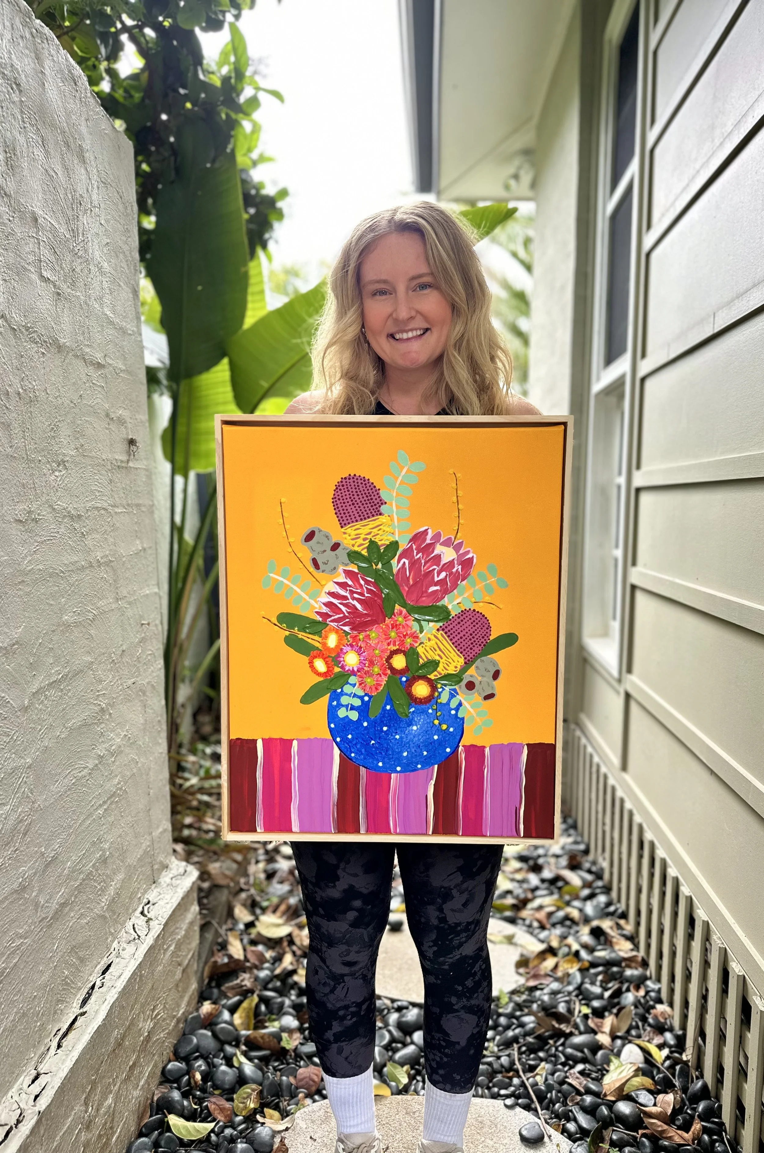 Artist: Emma Ross | Title: Sunshine and a bouquet | Medium: Acrylic and gels on canvas | Size (W x H): 30 x 50 cm