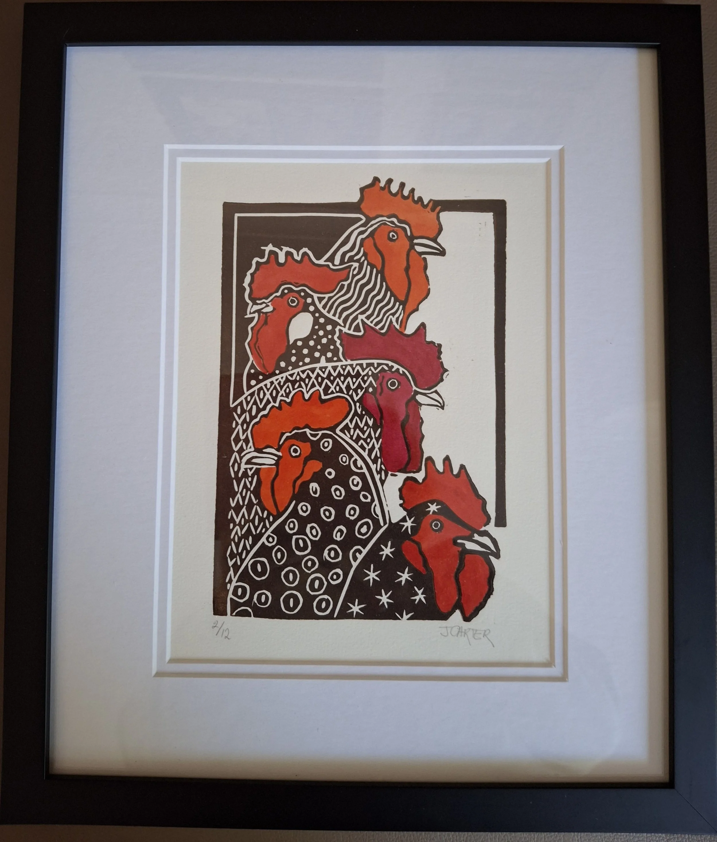 Artist: Jennifer Carter | Title: Chooks | Medium: Lino fine art print with hand painted details | Size (W x H): 33 x 39 cm