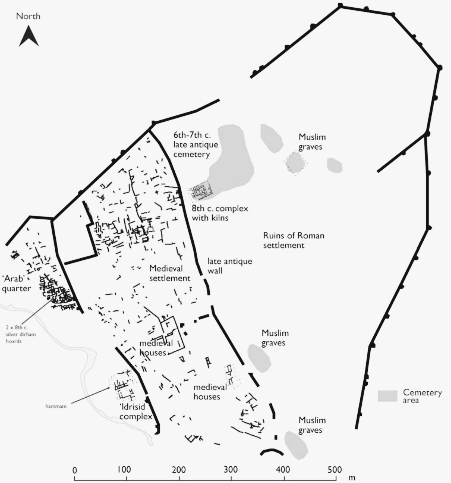 Plan of early medieval Volubilis (Walili, Zerhoune), highlighting the location of the Idrīsī palace complex