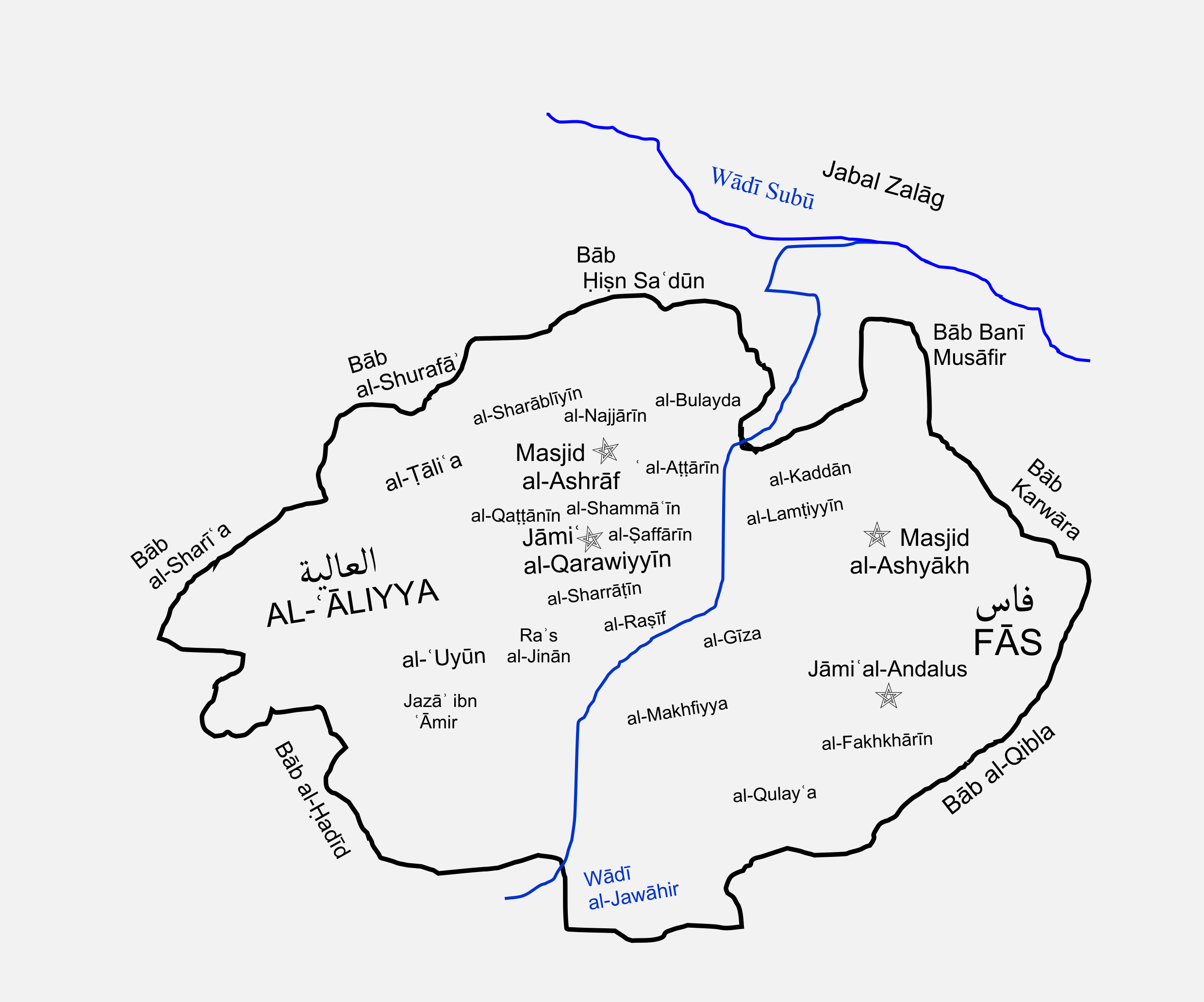 The maps depicts Idrissid Fez as a deliberately divided twin city, separated by Wādī al-Jawāhir,