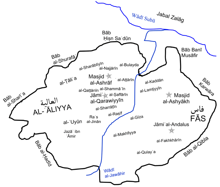 The maps depicts Idrissid Fez as a deliberately divided twin city, separated by Wādī al-Jawāhir