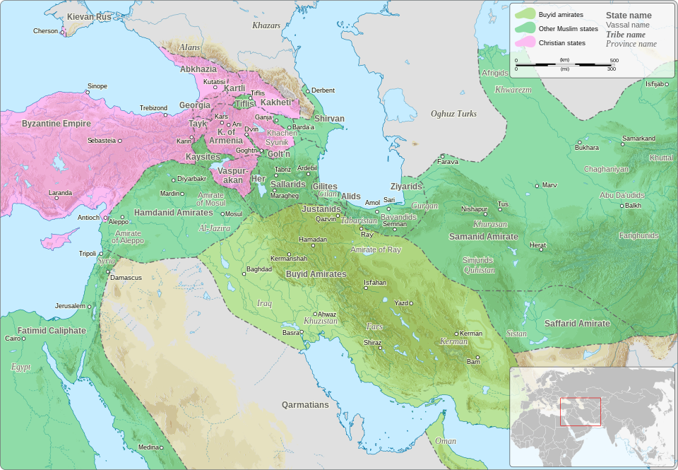 Map of the Islamic world c. 360 AH / 970 CE showing the Abbasid caliphate in Baghdad surrounded by Shīʿī powers—Būyids, Fatimids, Ḥamdānids, Qarmaṭians—explaining the geopolitical crisis that prompted the Qādirī mīthāq of 408/1017.