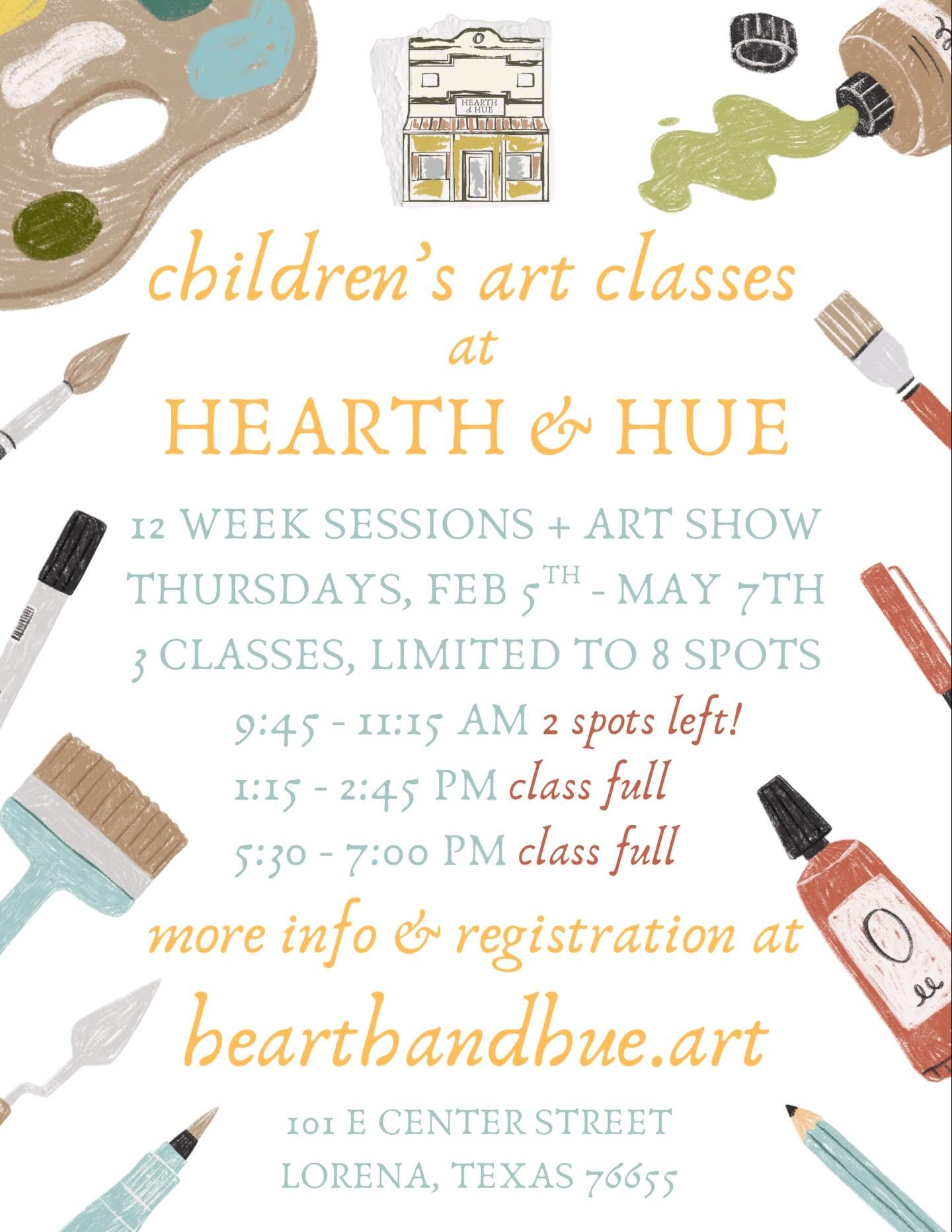 Spring classes start this week! There are 2 spots left in the morning session for your young artists 🎨 
Register at hearthandhue.art 💛