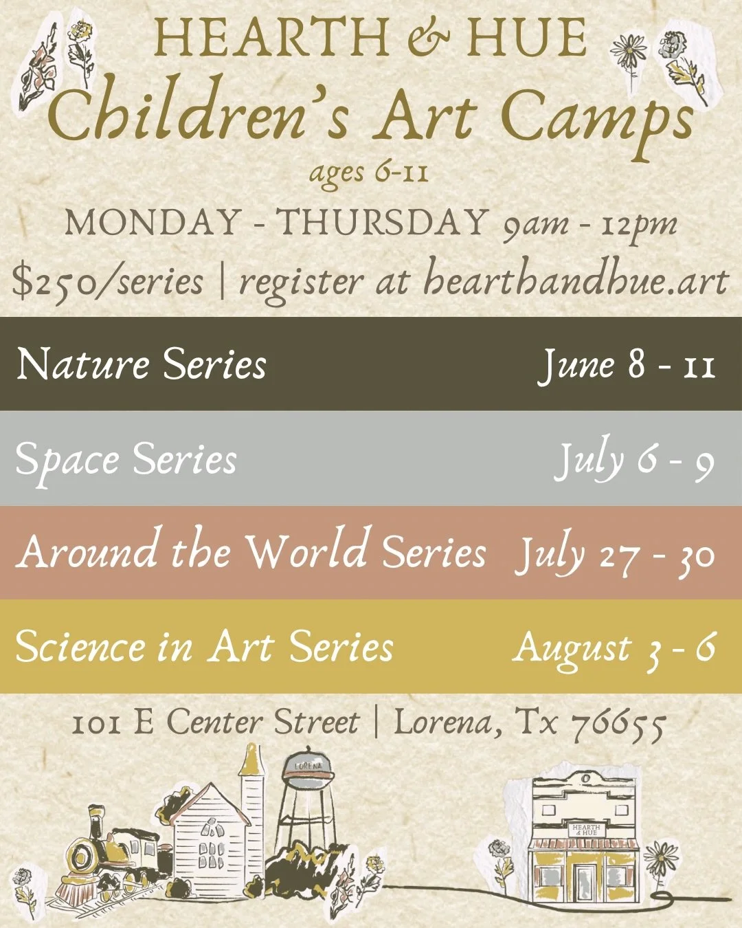Hearth &amp; Hue Studio art camps are filling up! 
Visit www.hearthandhue.art to reserve your spot 🎨

Examples of daily projects per series-
Nature Series: flower/leaf sun prints
Space Series: 3D planet models
Around the World: Japanese origami
Scie