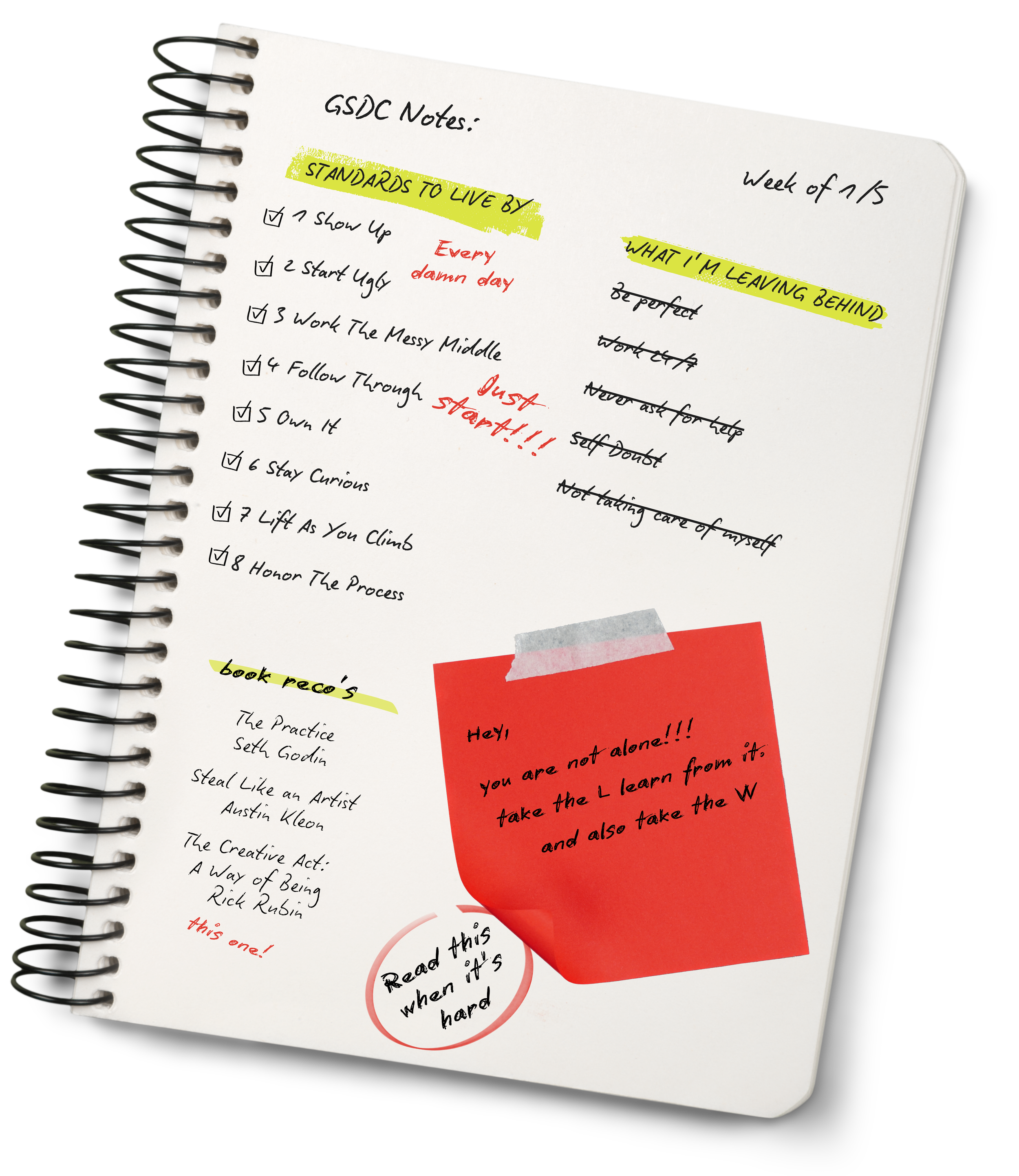 A spiral-bound notebook page with handwritten notes, checkmarks, and highlighted text. It lists standards to live by and book recommendations, with inspiring quotes and annotations in different colors, including red, yellow, and black.
