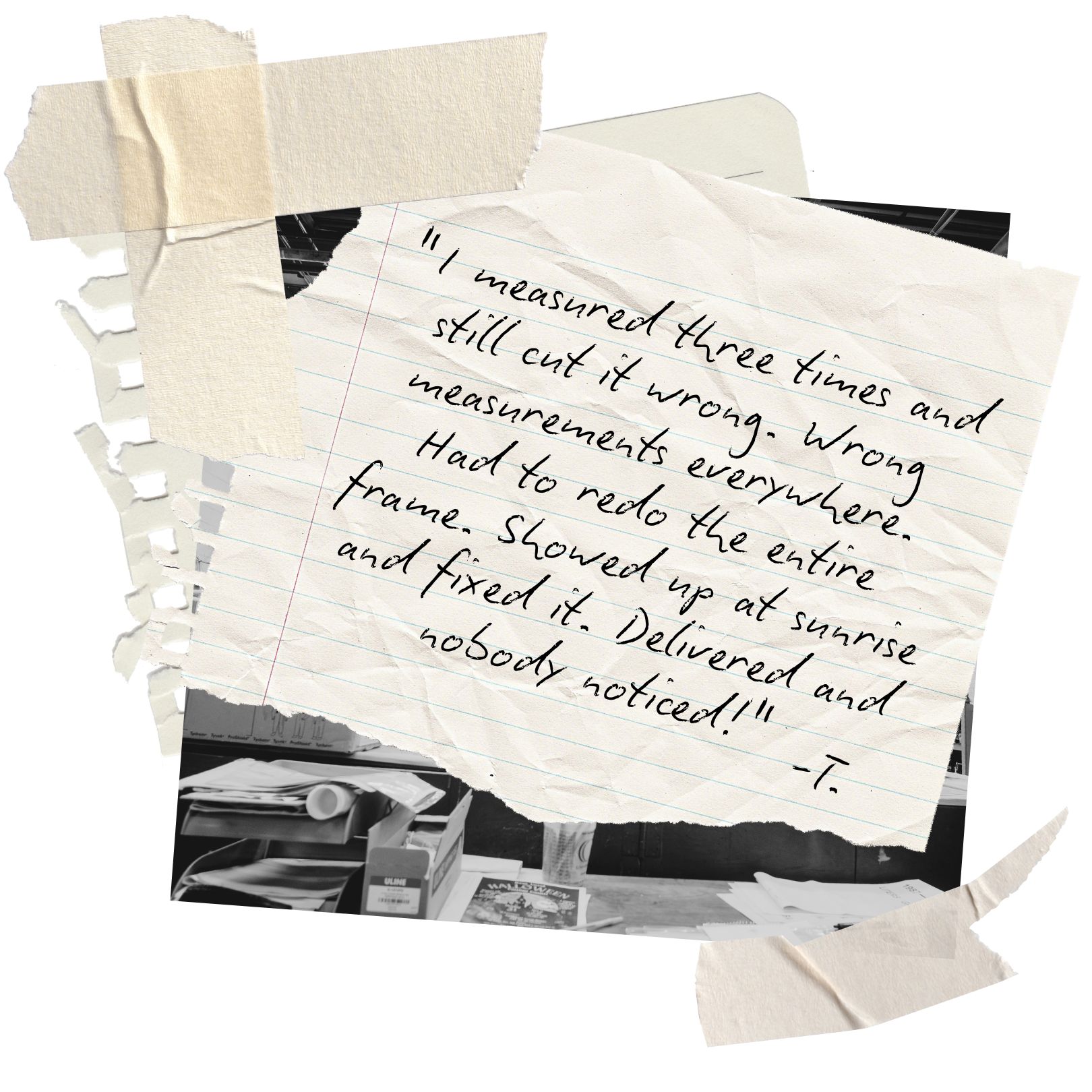 Handwritten note on crumpled lined paper taped to a surface, with a black and white background of office supplies.