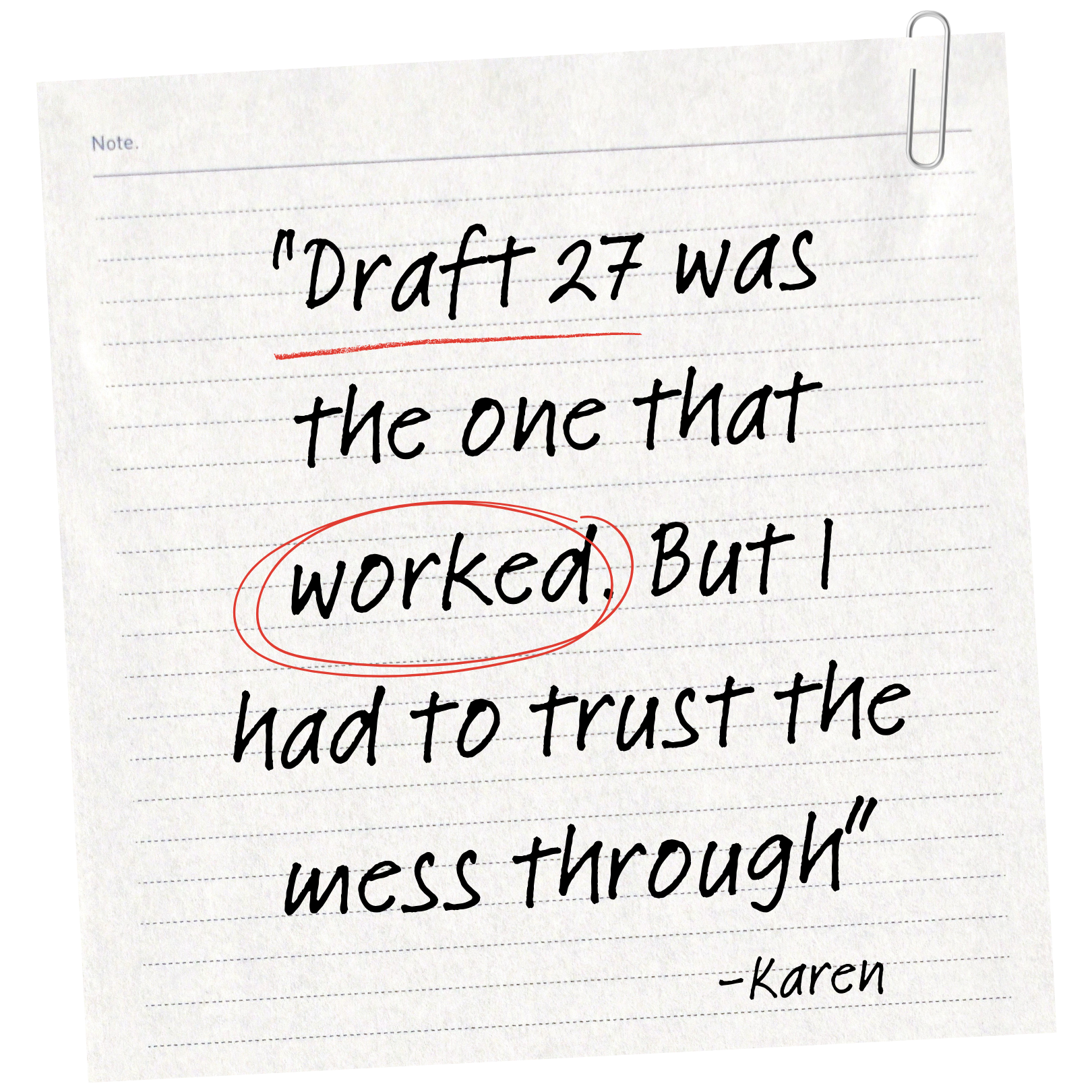 A handwritten note on lined paper with a quotation about a draft, with red doodles around a word, and signed by Karen.