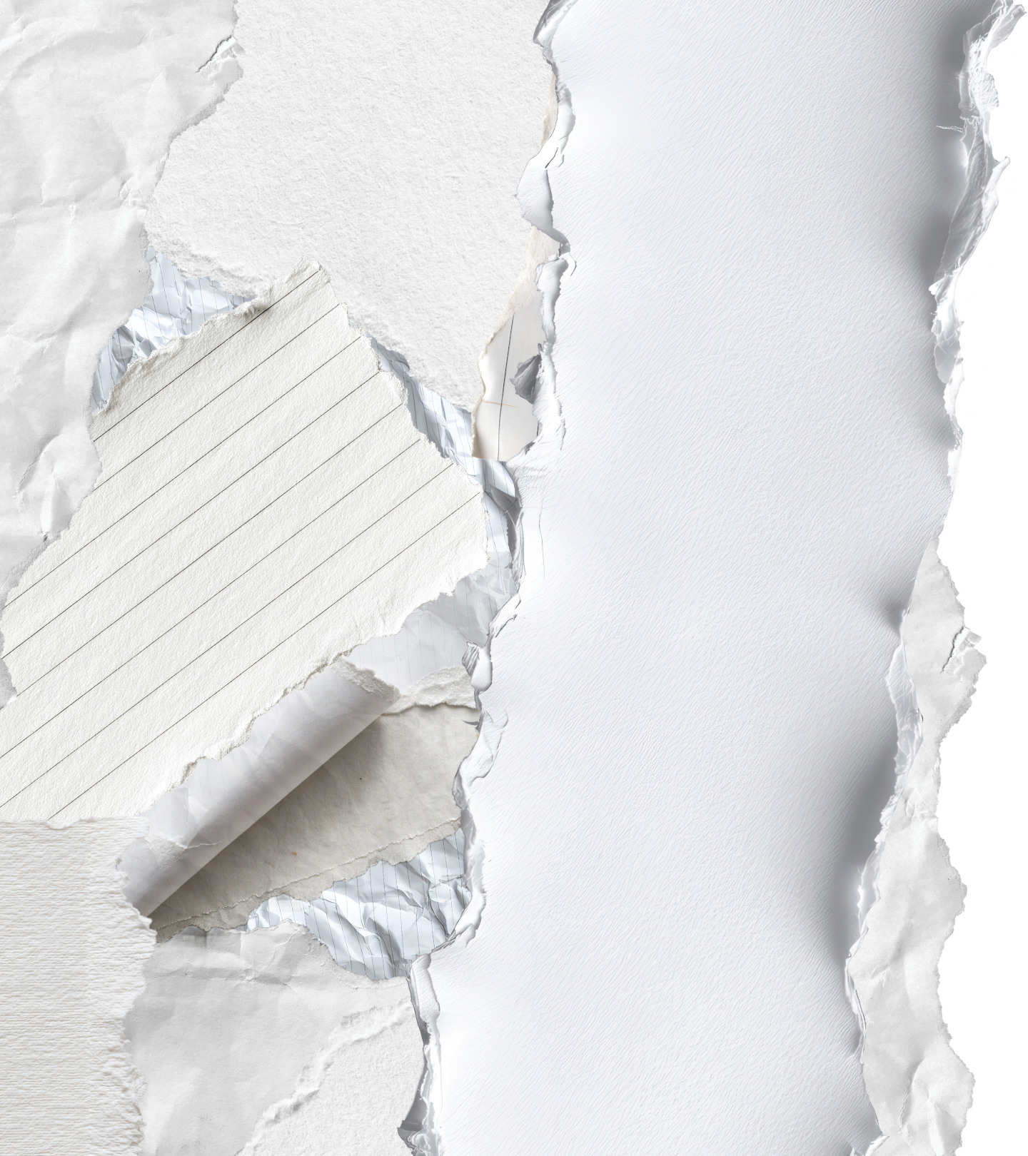 Close-up of torn white paper layers, revealing textures and lined notes underneath.