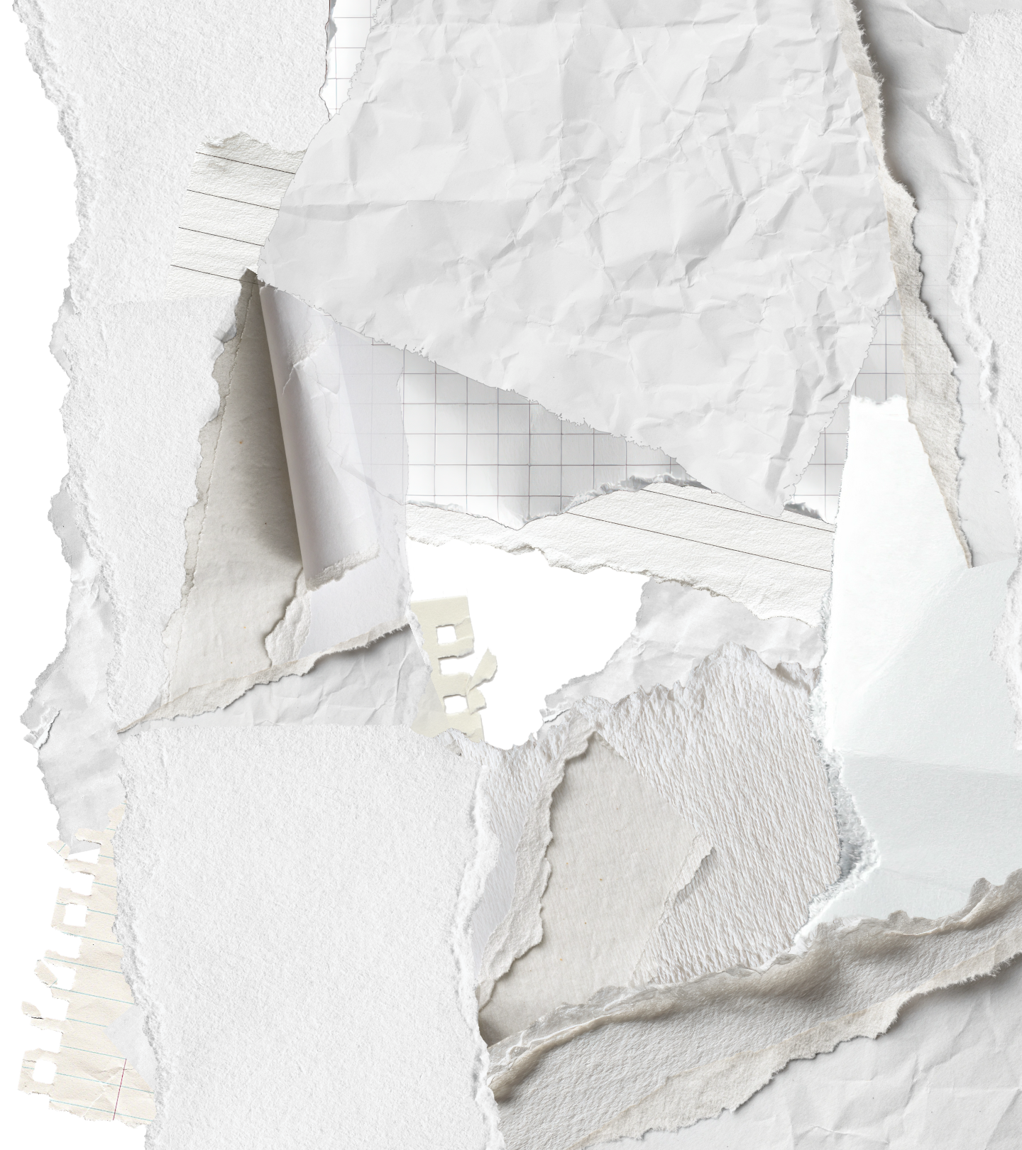 A collage of torn and crumpled pieces of white paper with different textures and patterns, layered on top of each other.