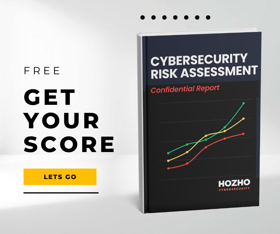 Promotional graphic offering a free cybersecurity risk assessment showing a report labeled ‘Cybersecurity Risk Assessment’ with a performance chart and HOZHO Cybersecurity branding.