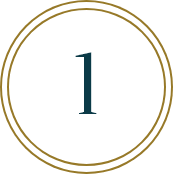 Black circle with a gold border and the number 1 in blue at the center