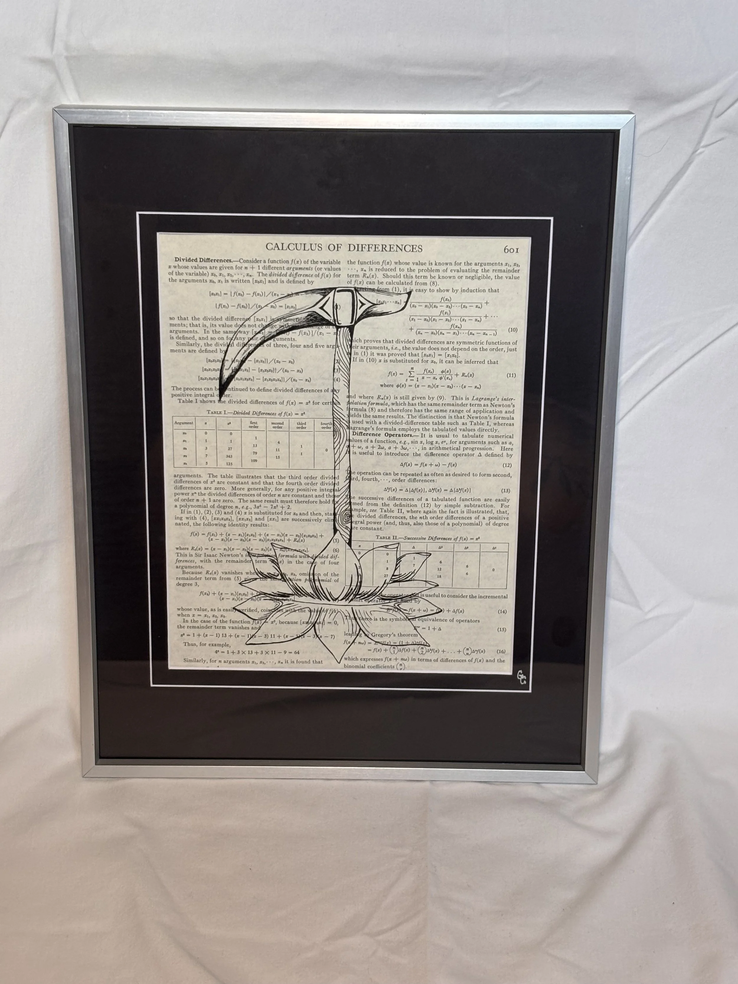 Original ink drawing on book page of scythe coming out of a lotus flower, emo surreal art