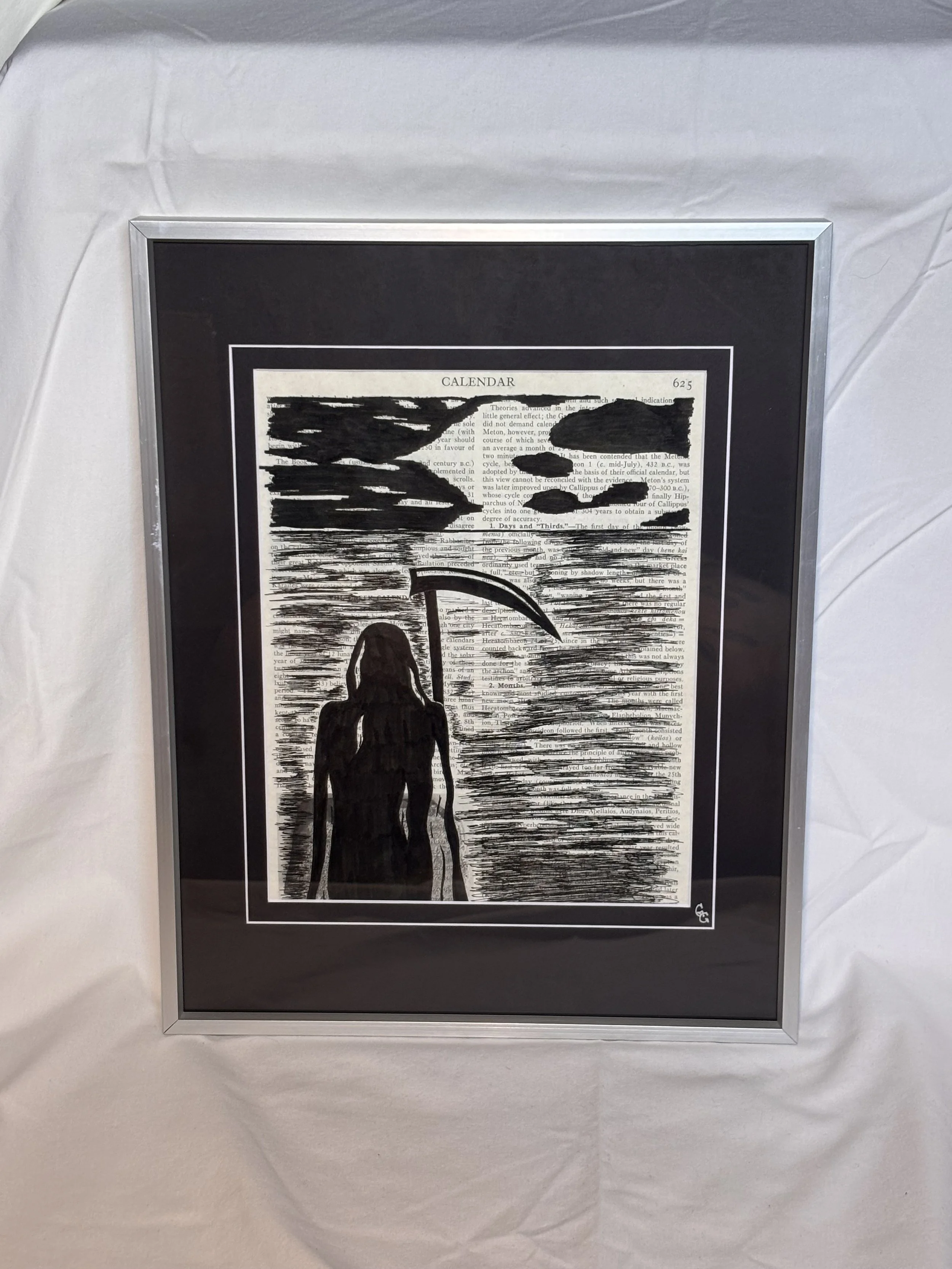 Original drawing of Grim reaper looking out over the ocean ink drawing on vintage book page