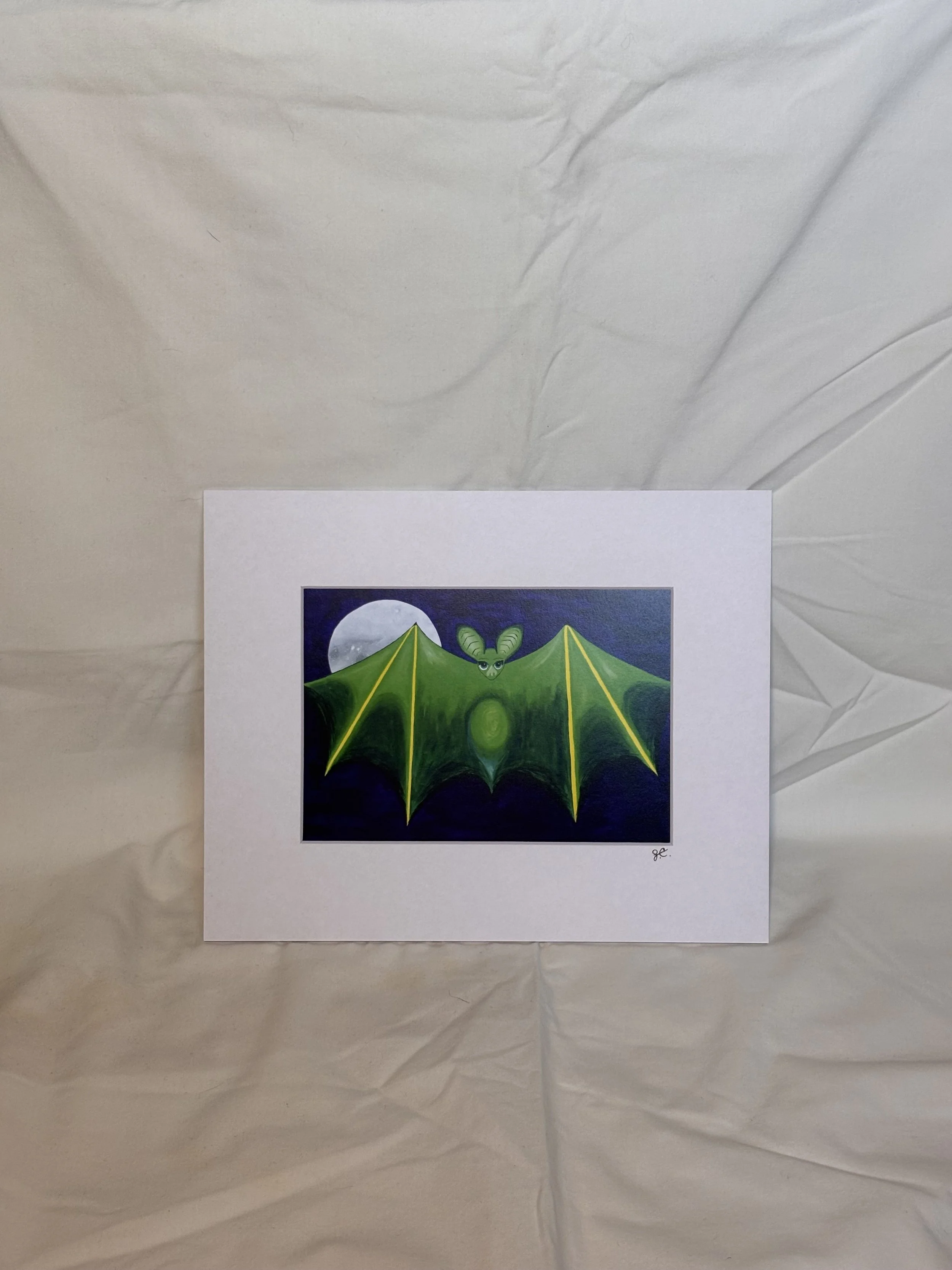 Green bat with moon on purple background painting art print