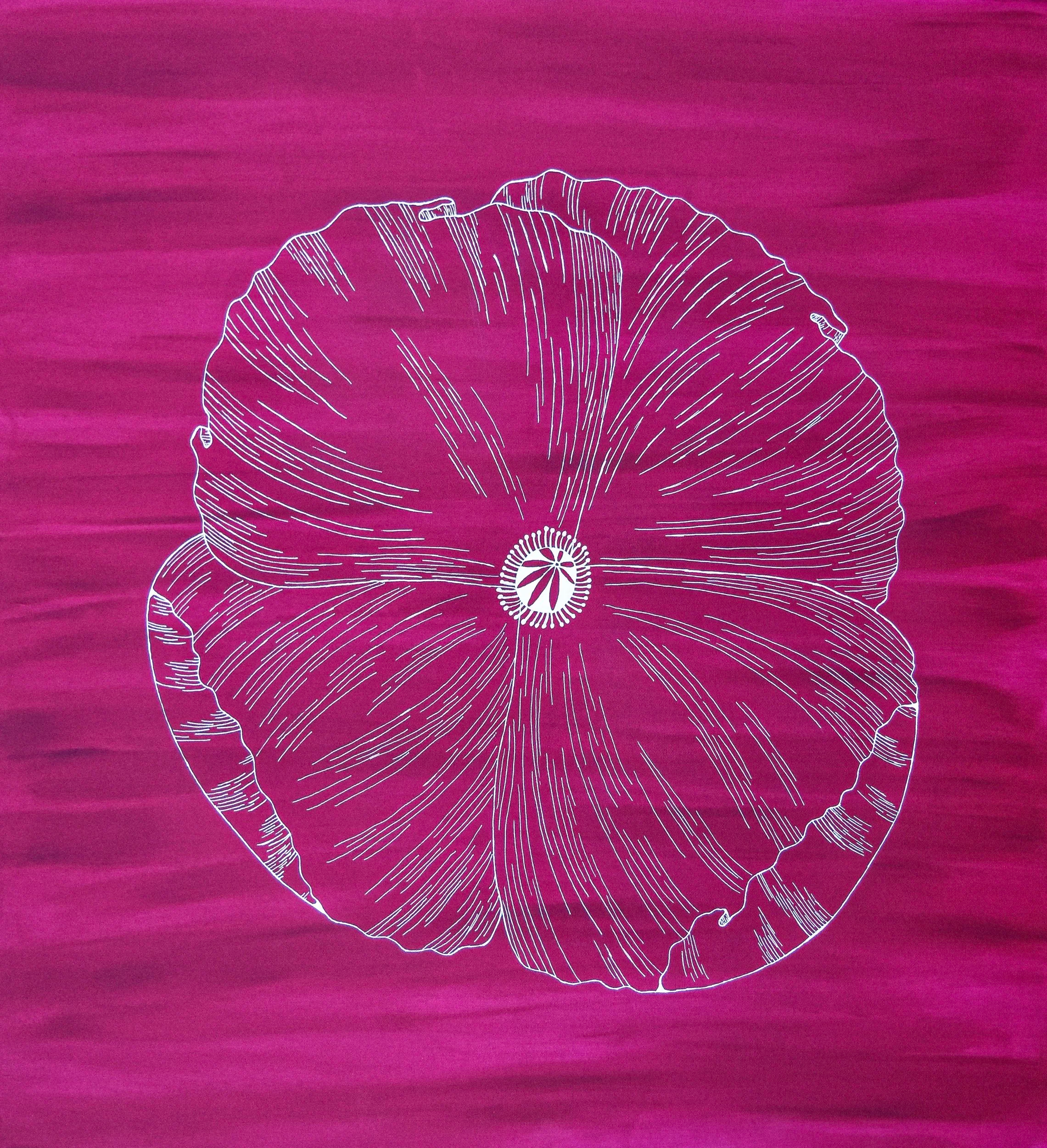 White poppy flower painted on a pink background, modern floral artwork