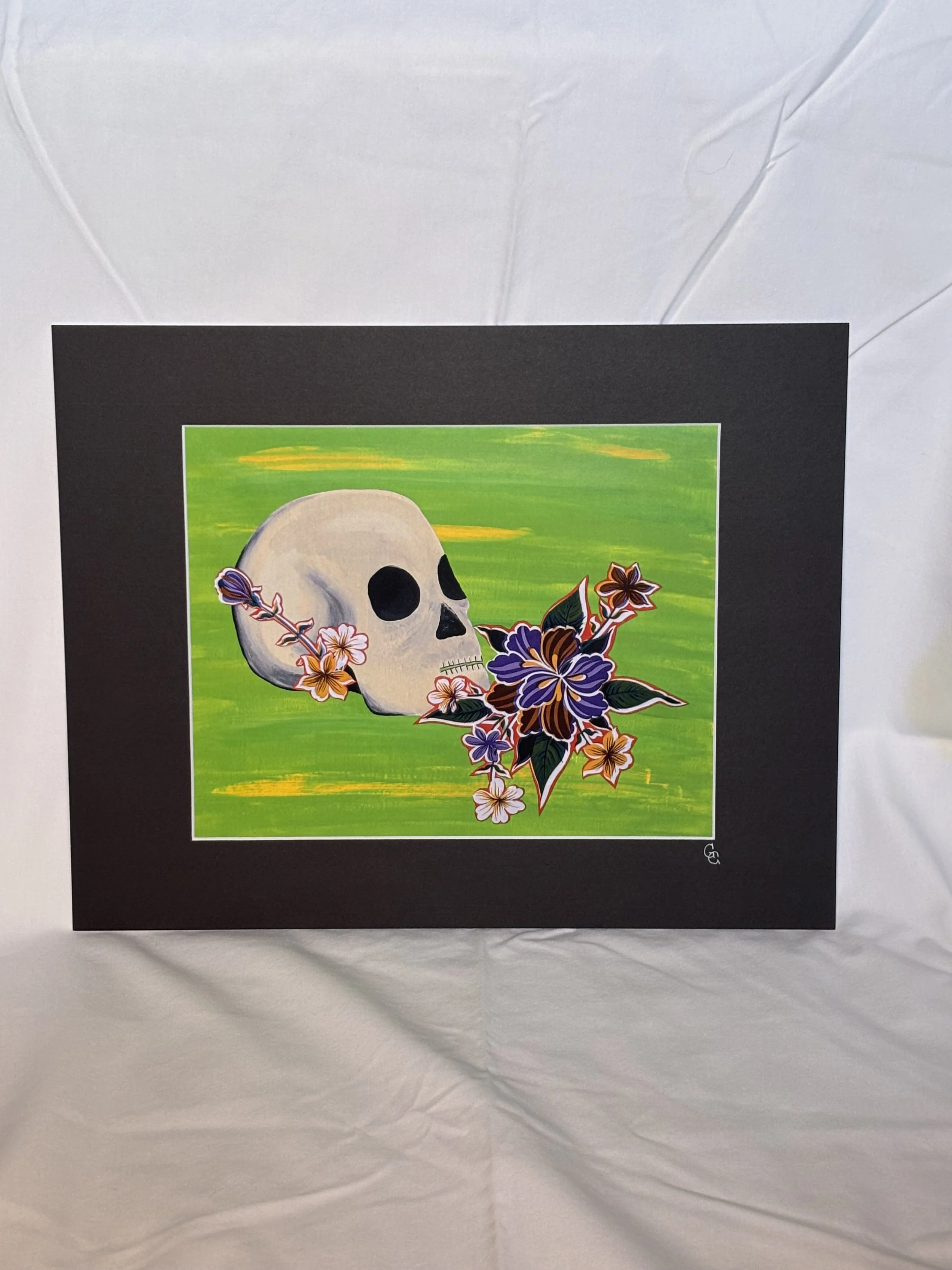 Skull with flowers on bright green background art print