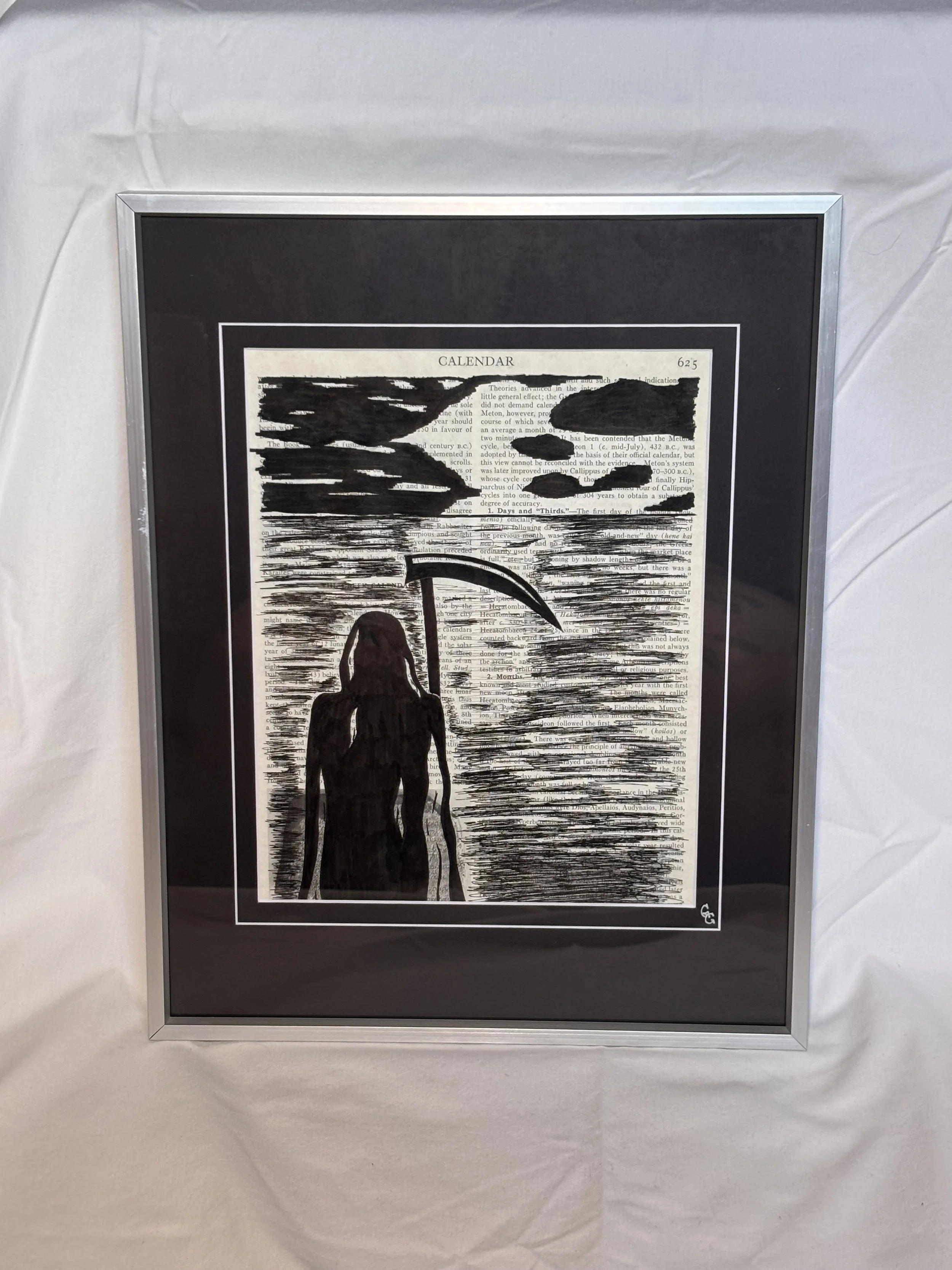 Original drawing of Grim reaper looking out over the ocean ink drawing on vintage book page