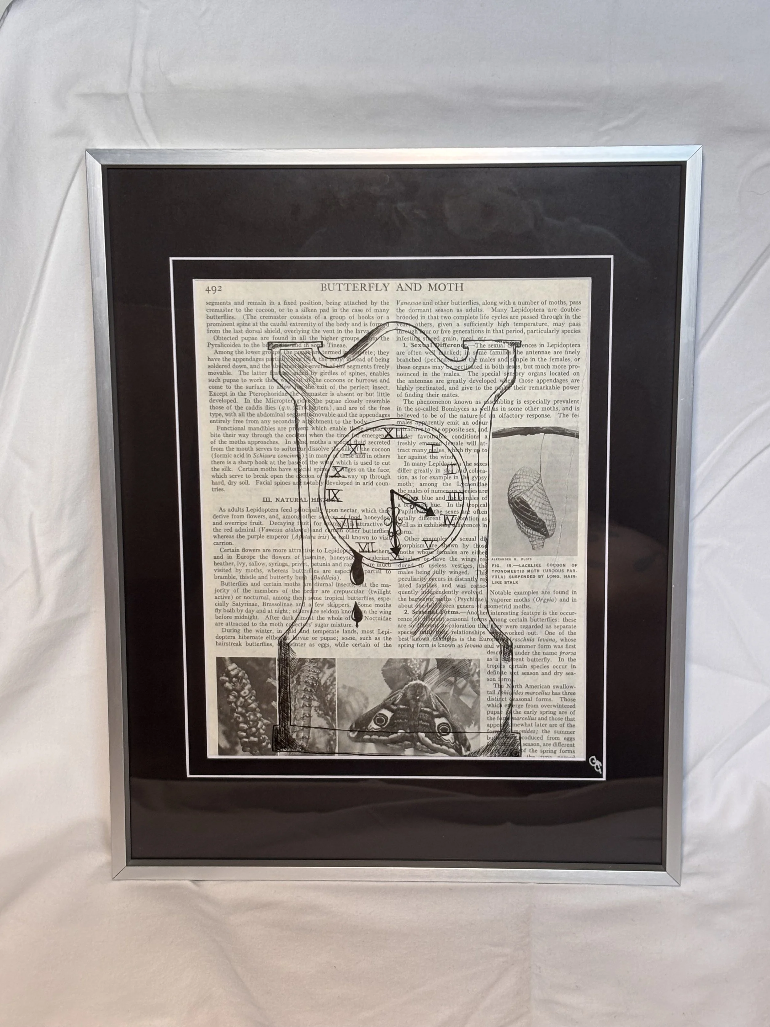 Original ink drawing on vintage book page, surreal clock with bleeding tears