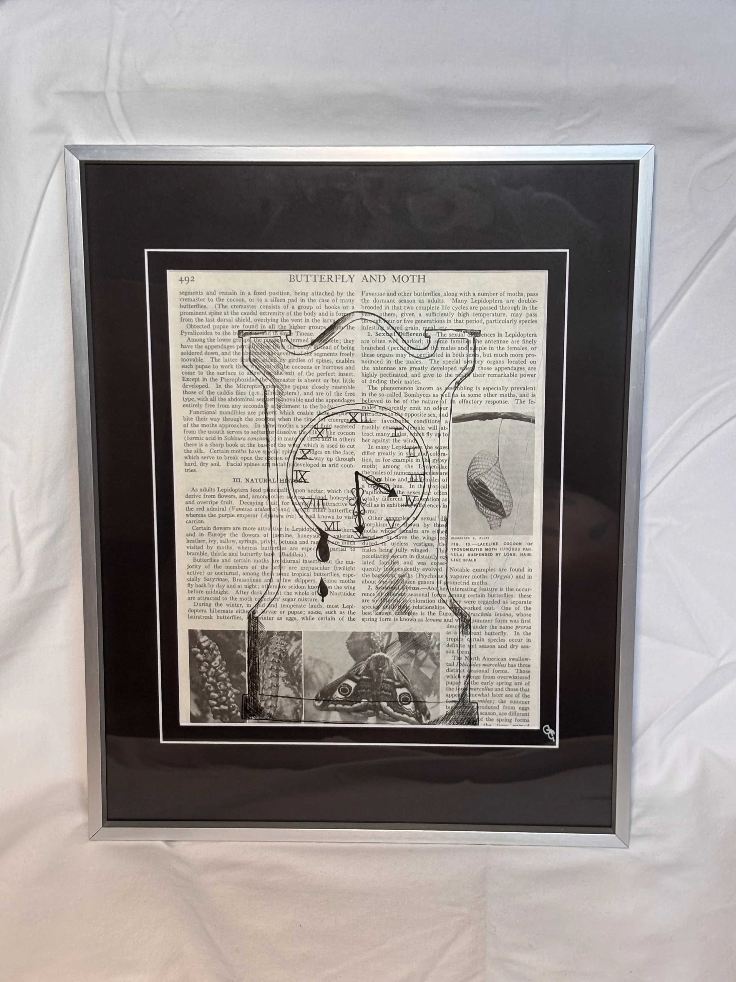 Original ink drawing on vintage book page, surreal clock with bleeding tears