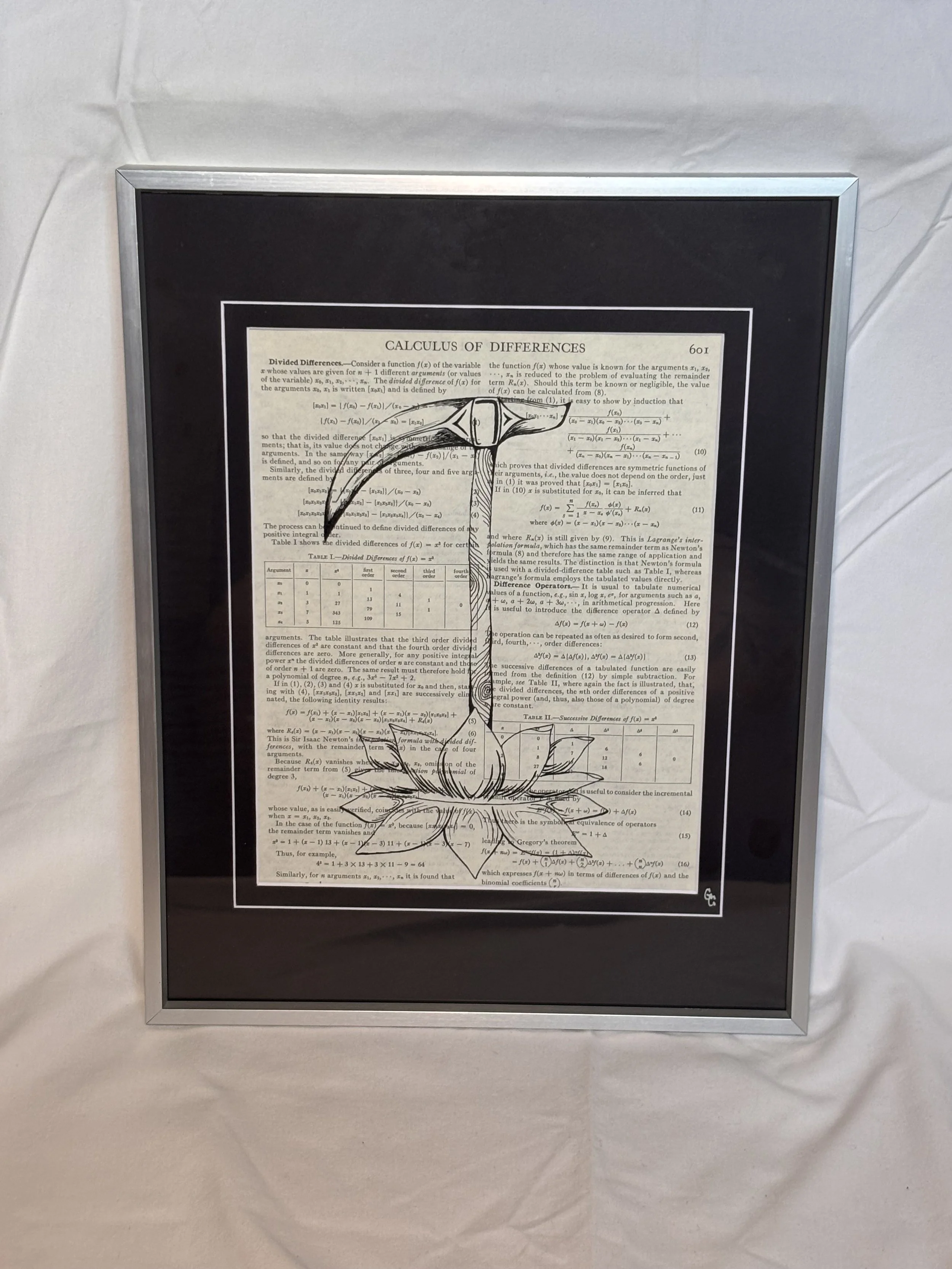 Original ink drawing on book page of scythe coming out of a lotus flower, emo surreal art