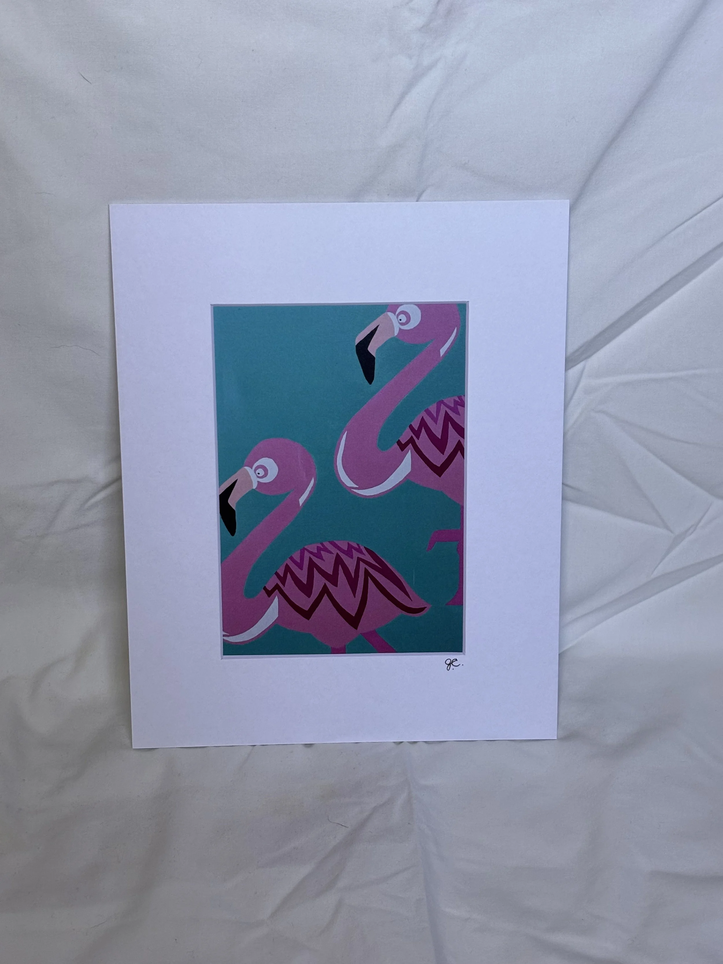 Flamingos on teal blue background painting art print, funky geometric art
